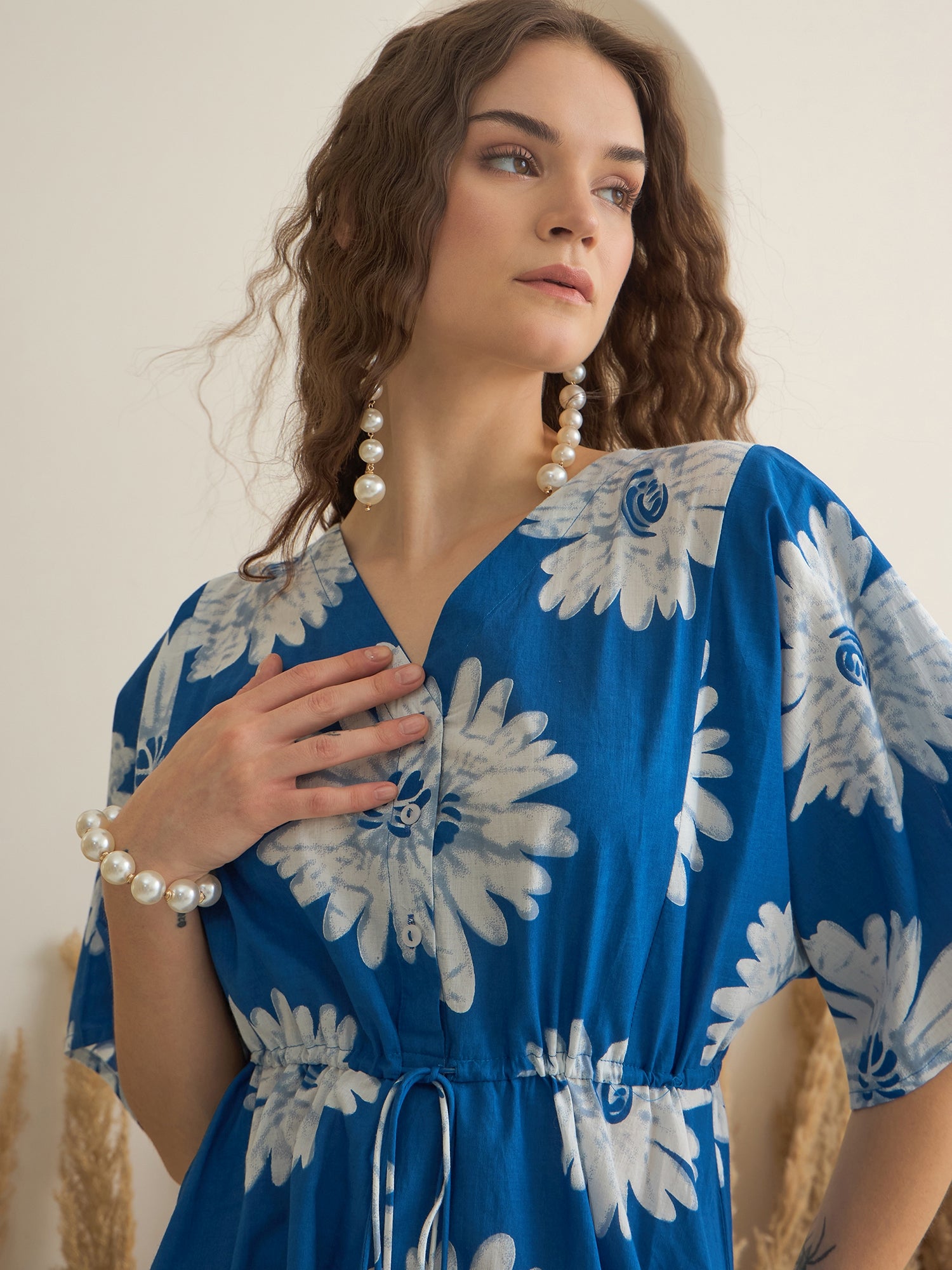 Blue Floral Printed V-Neck Dress for Women