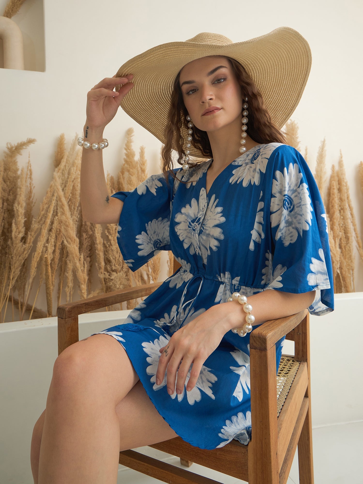 Blue Floral Printed V-Neck Dress for Women
