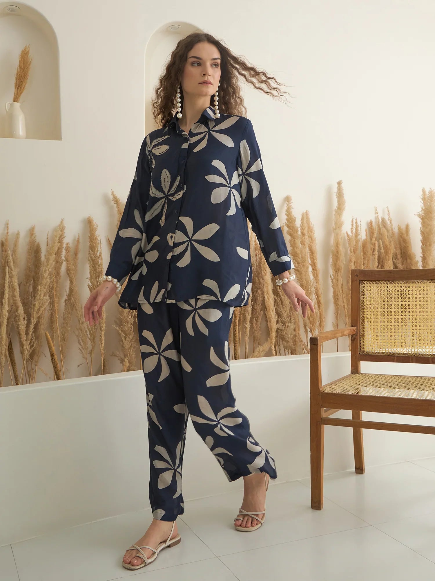 Navy Blue Viscose Rayon Shirt Collar Co-Ord Set for Women - SanskrutiHomes