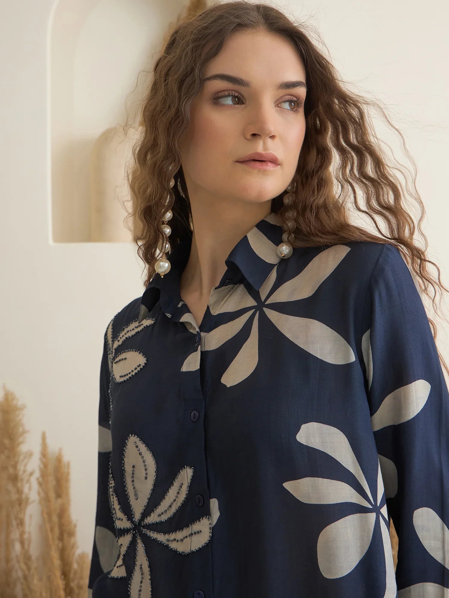 Navy Blue Viscose Rayon Shirt Collar Co-Ord Set for Women - SanskrutiHomes