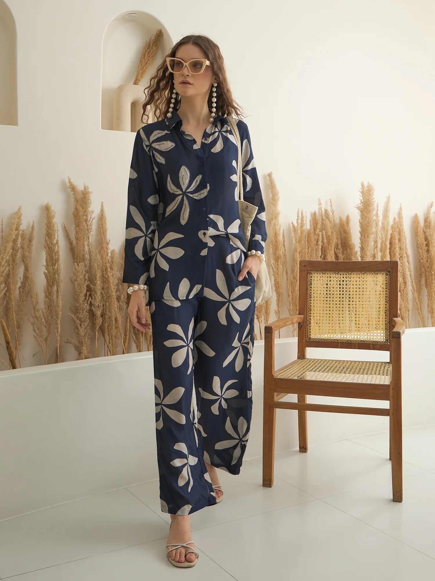 Navy Blue Viscose Rayon Shirt Collar Co-Ord Set for Women - SanskrutiHomes