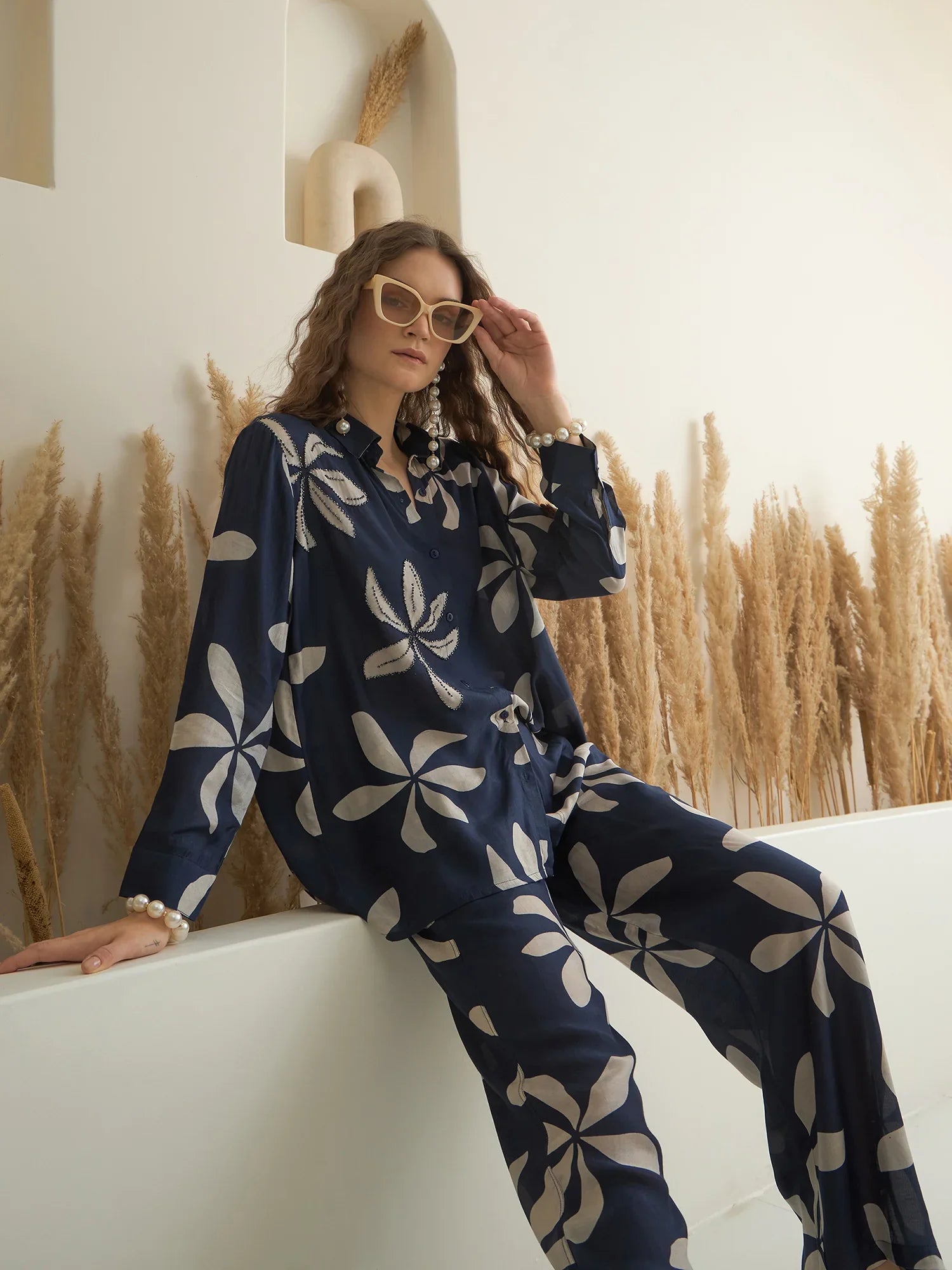 Navy Blue Viscose Rayon Shirt Collar Co-Ord Set for Women - SanskrutiHomes