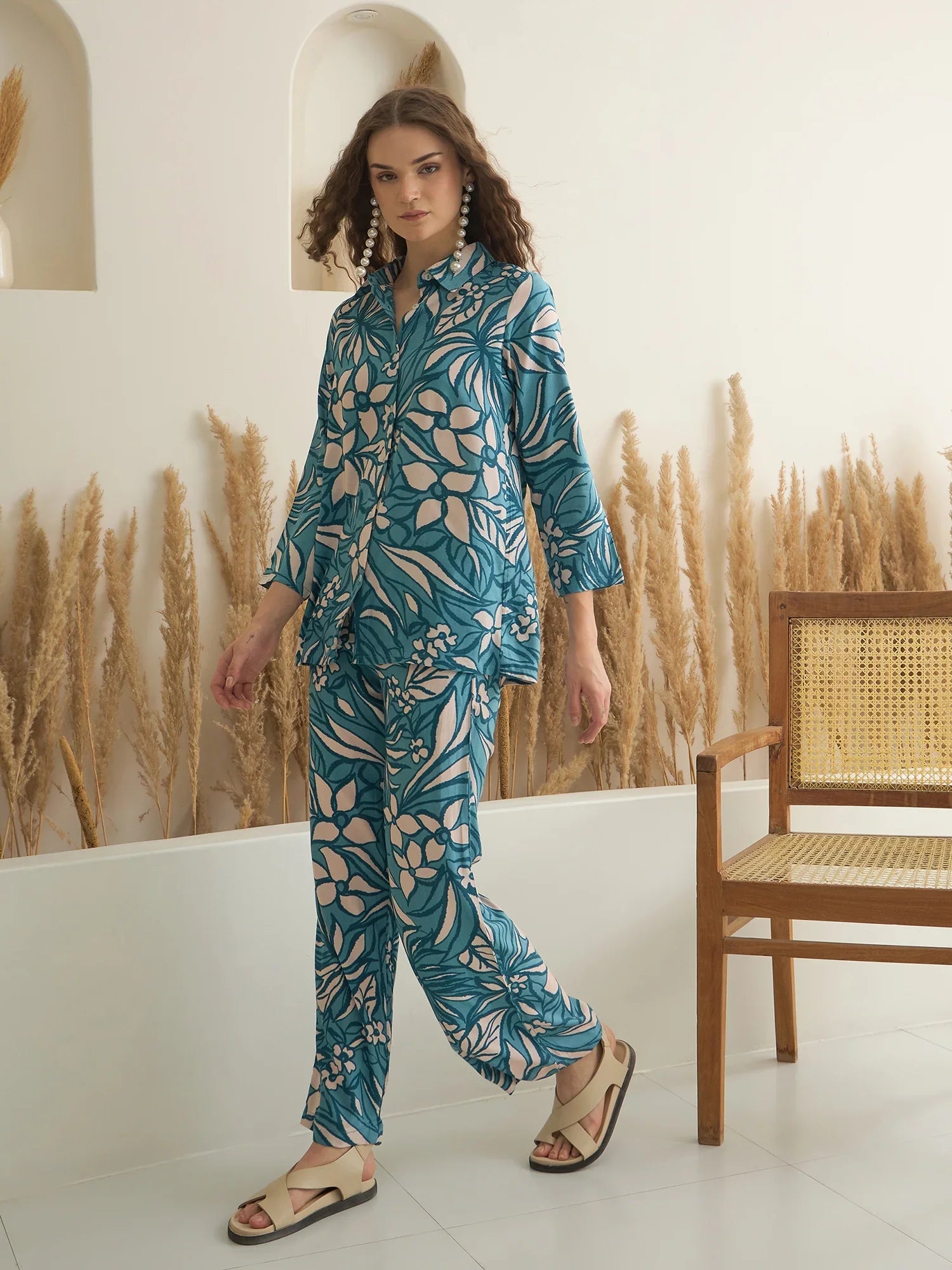 Blue Shirt Collar Viscose Rayon Printed Night Suit for Women - SanskrutiHomes