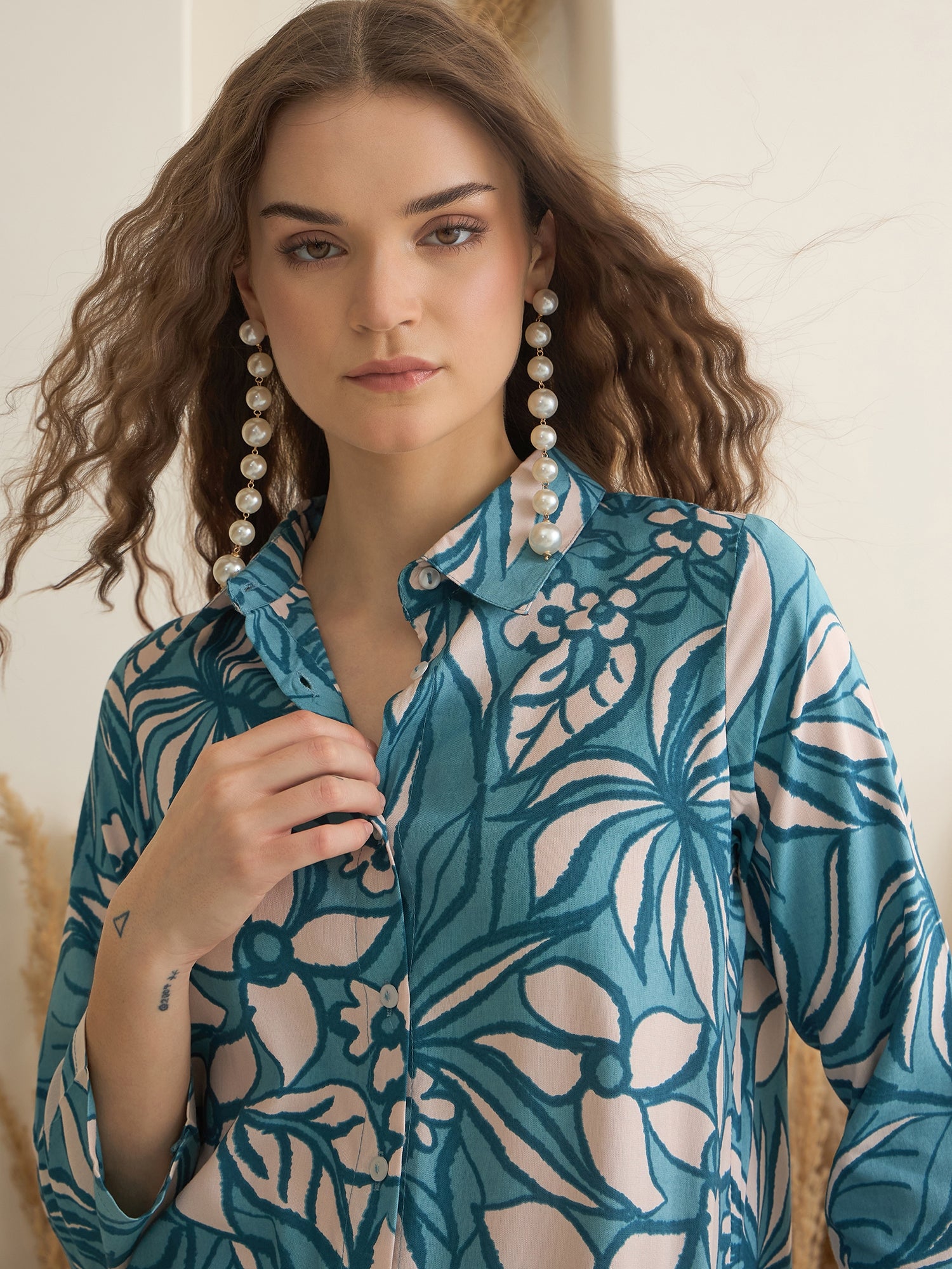 Blue Shirt Collar Viscose Rayon Printed Night Suit for Women