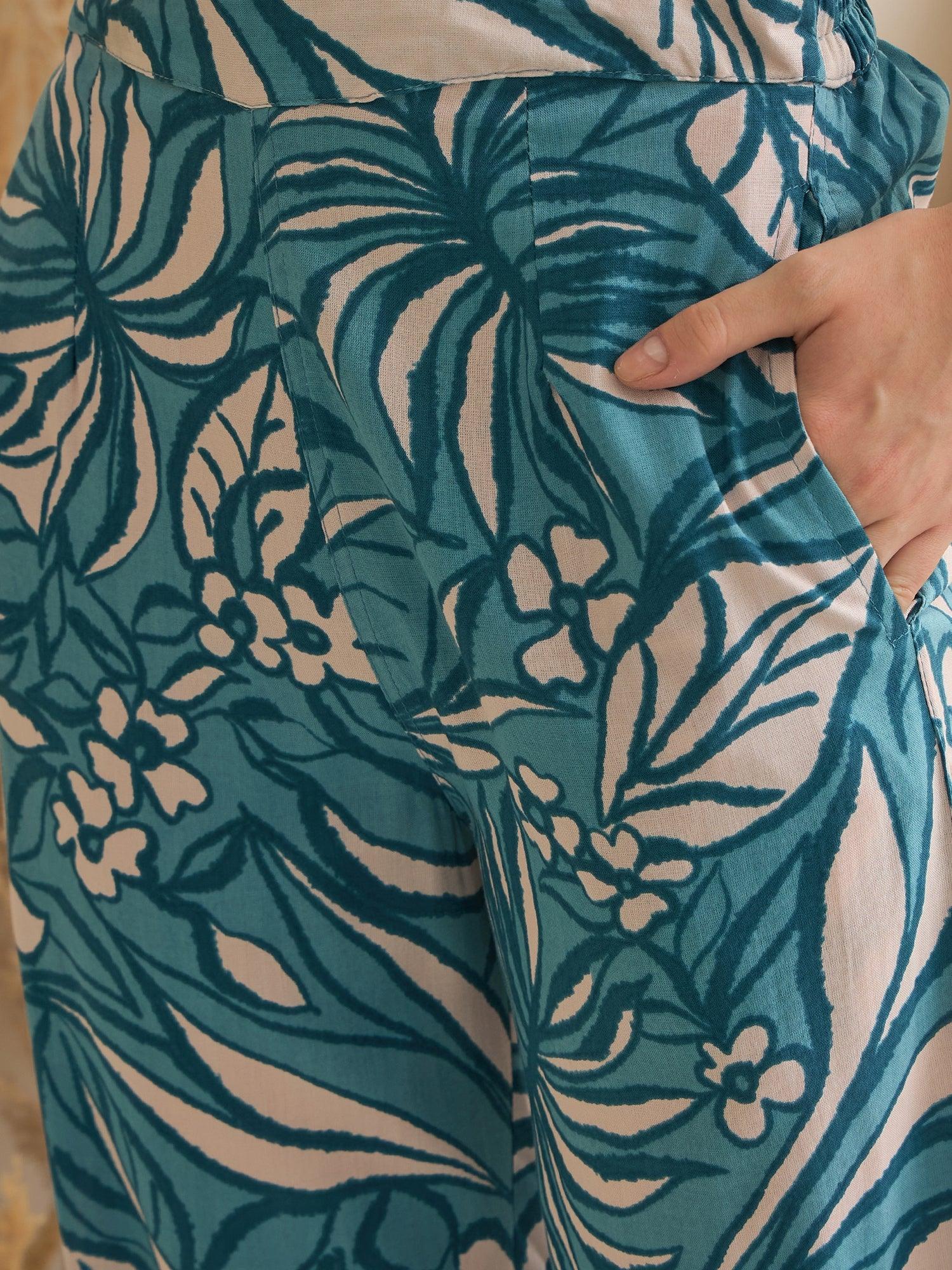 Blue Shirt Collar Viscose Rayon Printed Night Suit for Women - SanskrutiHomes