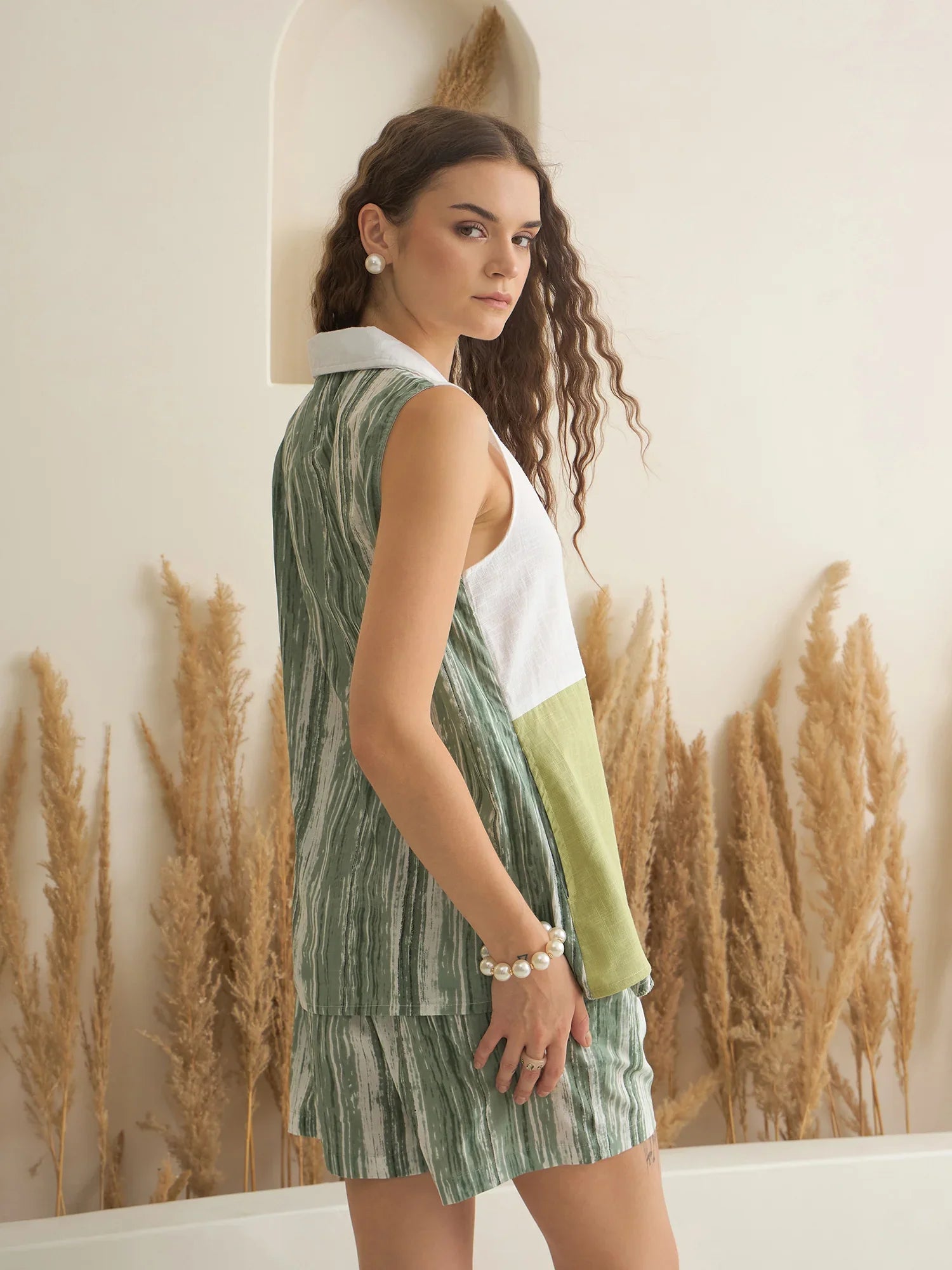 Green V-Neck Pure Cotton Co-Ords Set For Women