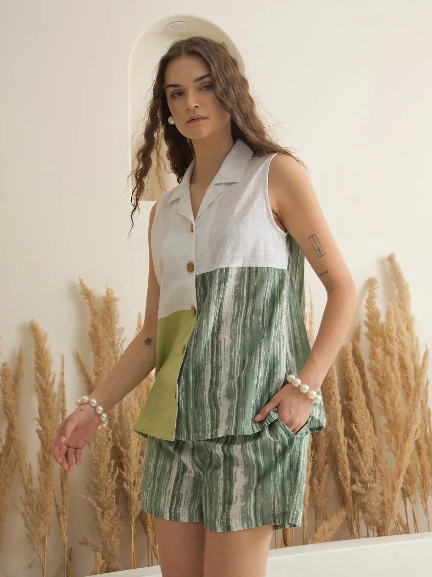 Green V-Neck Pure Cotton Co-Ords Set For Women