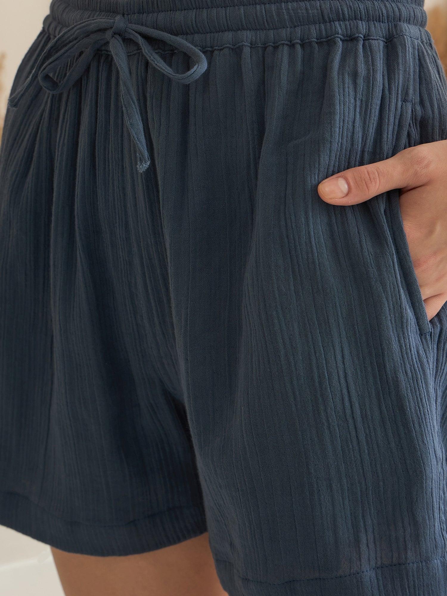 Blue Color V-Neck Pure Cotton Solid Co-ords Set for Women - SanskrutiHomes