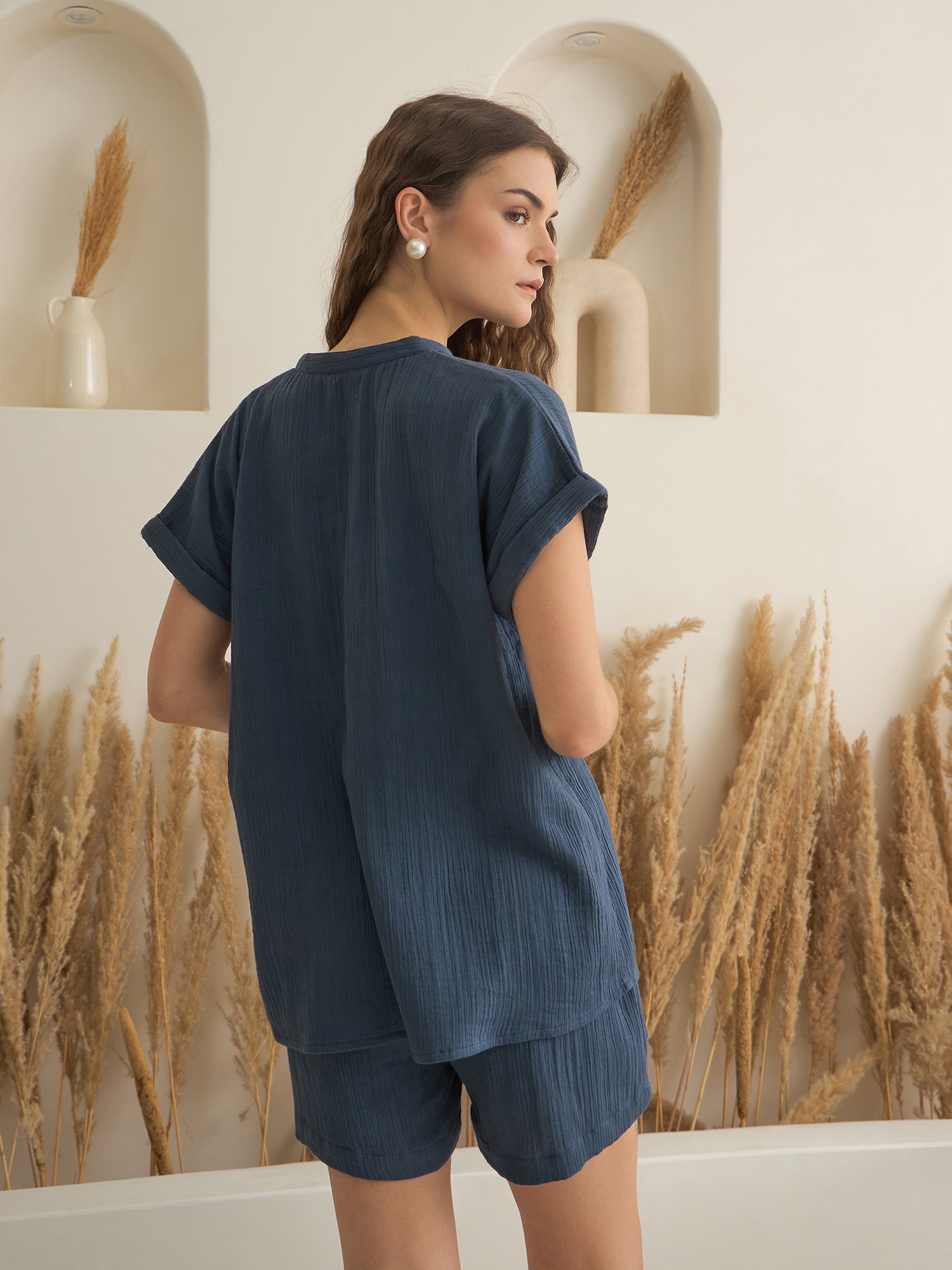 Blue Color V-Neck Pure Cotton Solid Co-ords Set for Women
