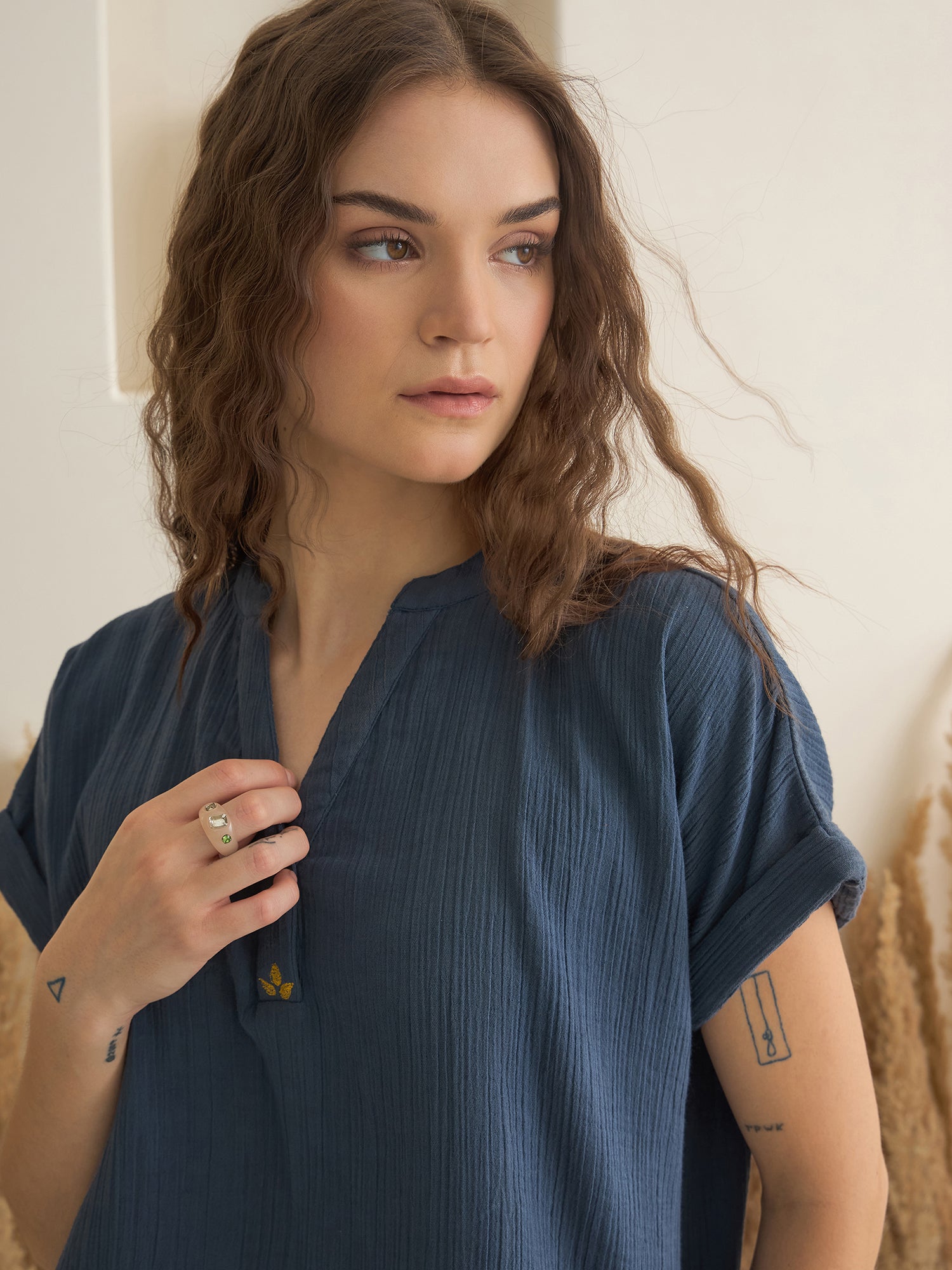 Blue Color V-Neck Pure Cotton Solid Co-ords Set for Women