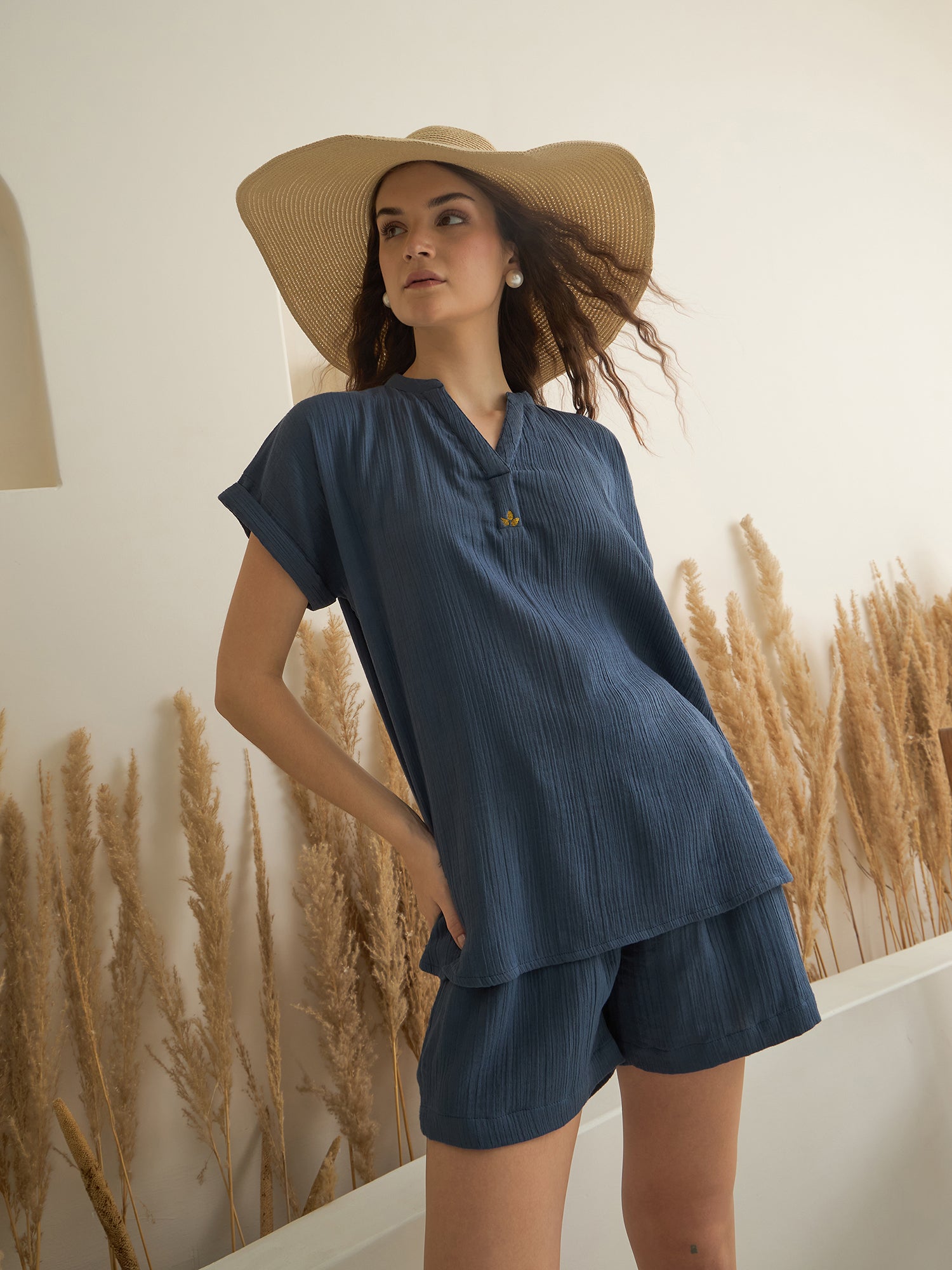 Blue Color V-Neck Pure Cotton Solid Co-ords Set for Women