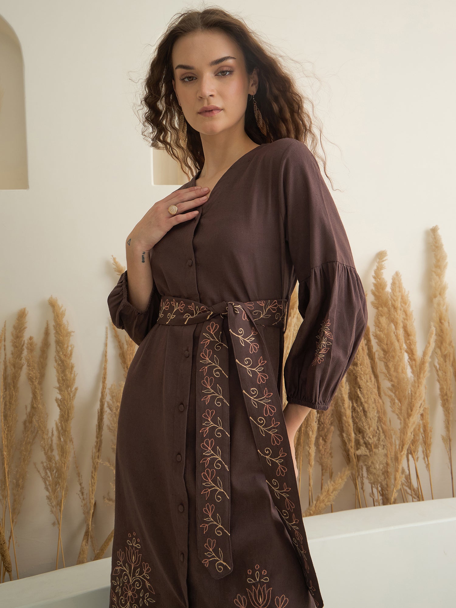 Brown Printed V-Neck Dress with Belt for Women