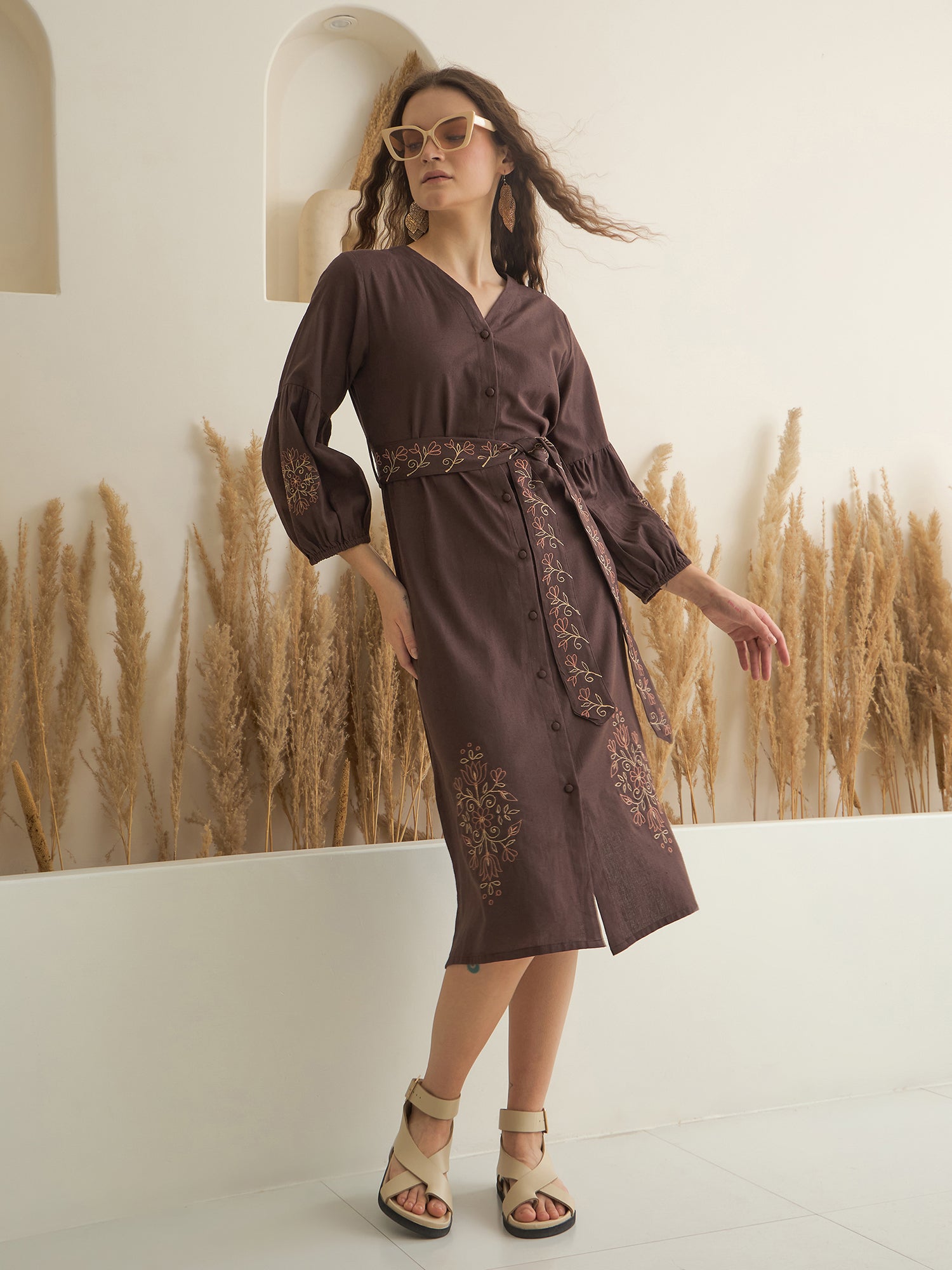 Brown Printed V-Neck Dress with Belt for Women