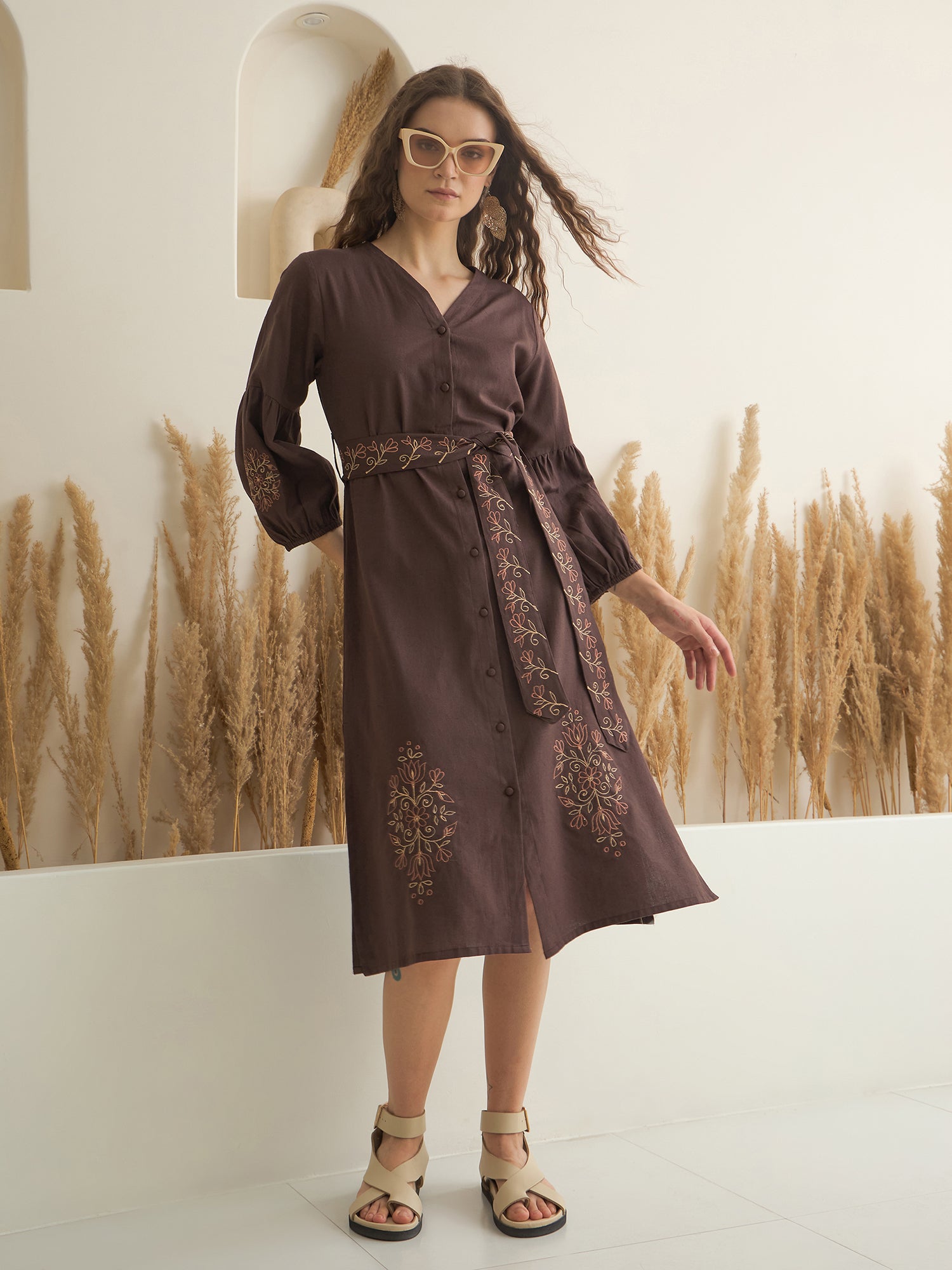 Brown Printed V-Neck Dress with Belt for Women