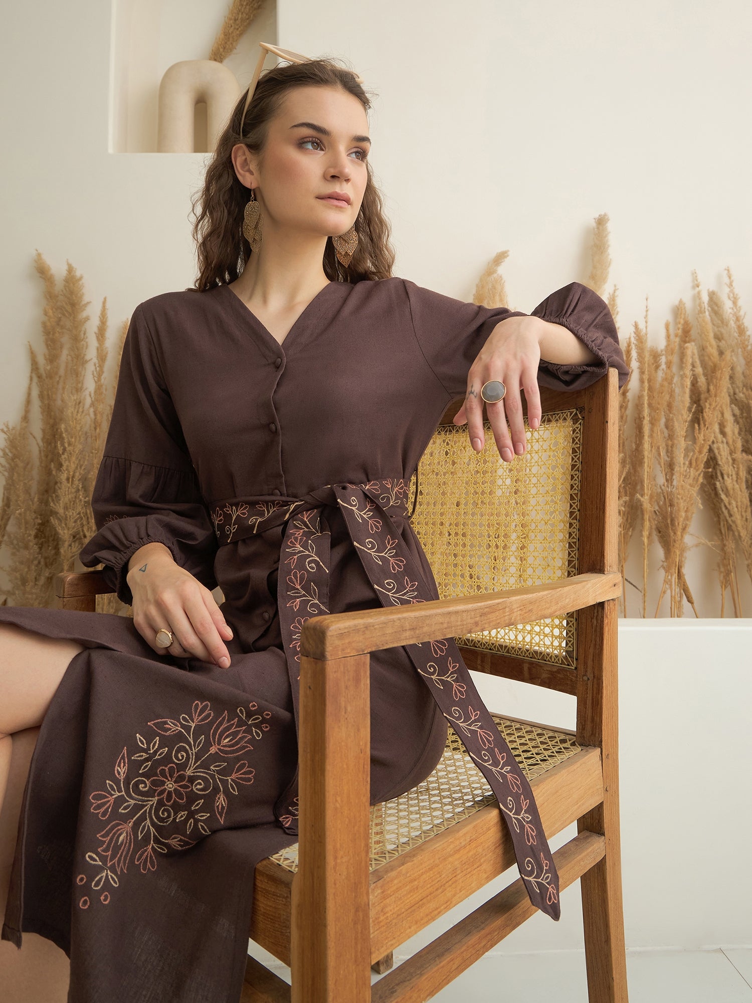 Brown Printed V-Neck Dress with Belt for Women
