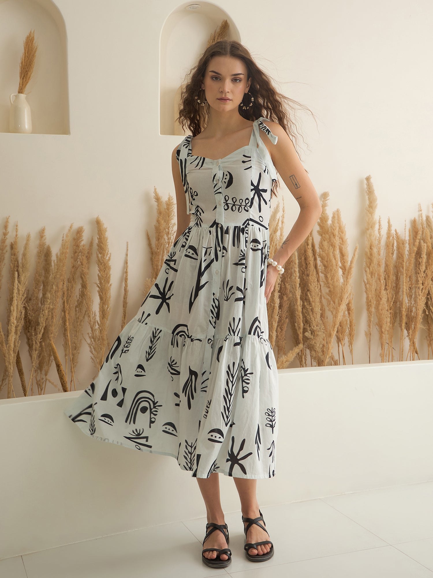 White Color Cotton A-Line Printed Dress for Women