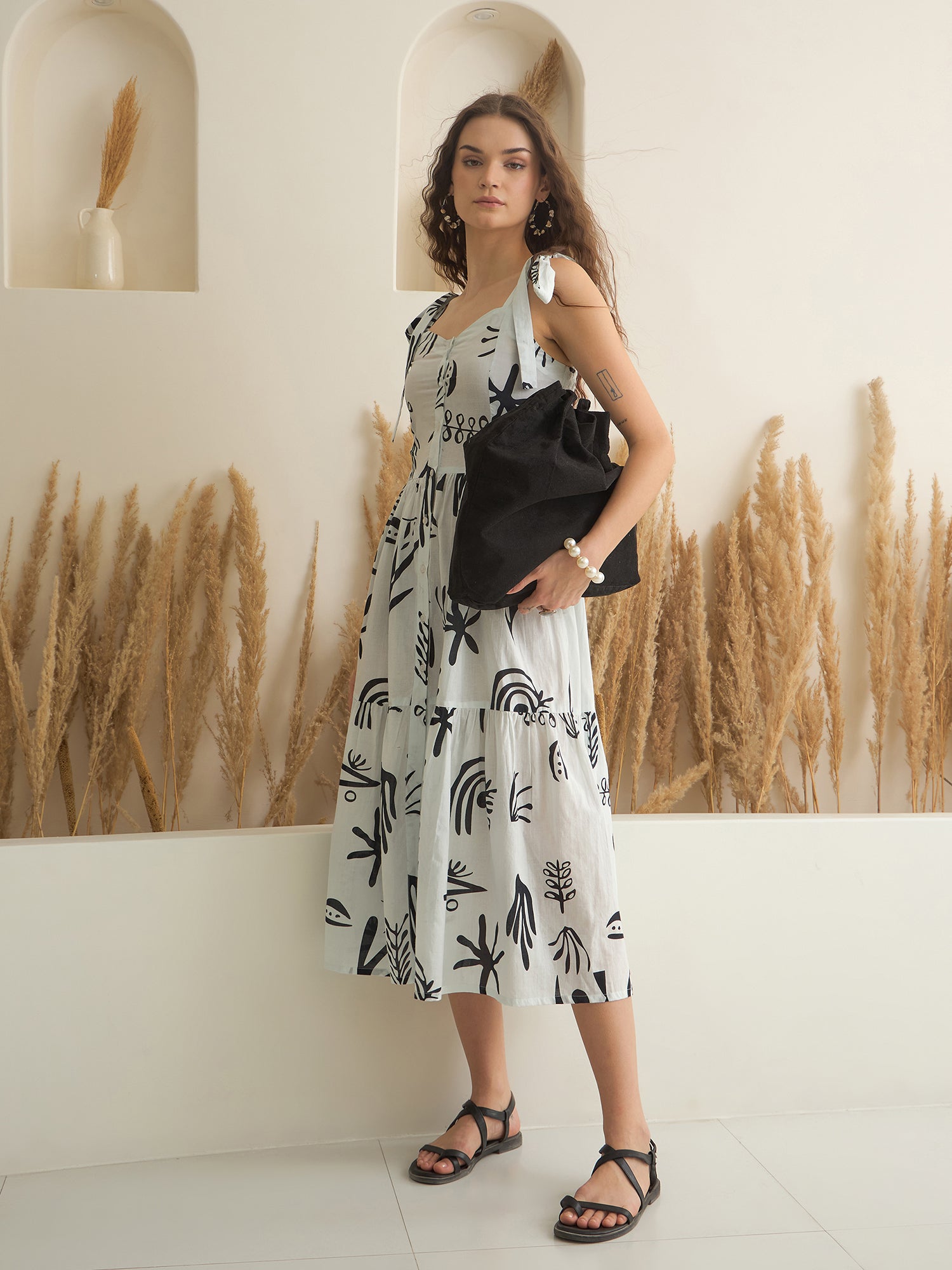 White Color Cotton A-Line Printed Dress for Women