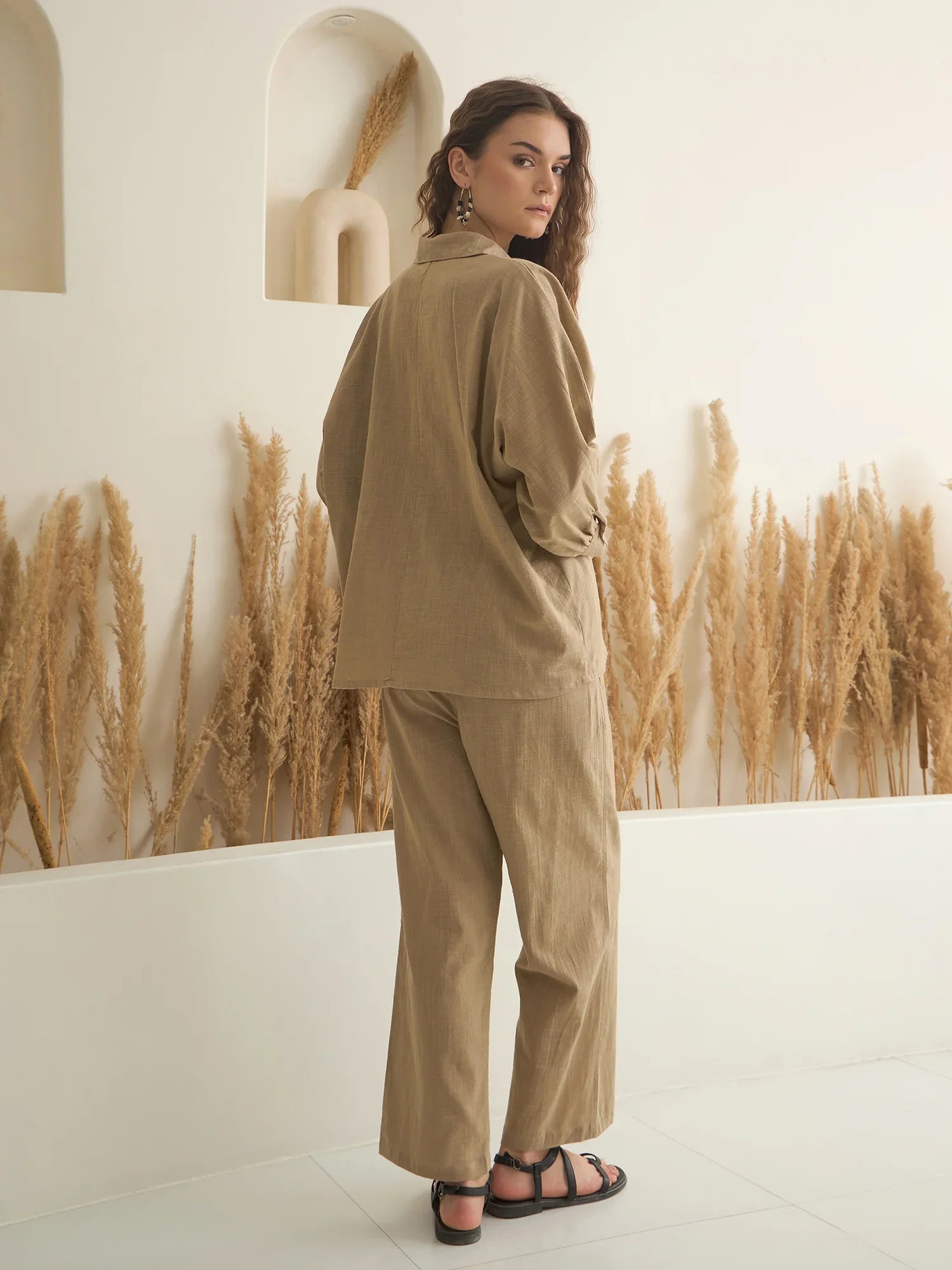 Beige Color Shirt Collar Pure Cotton Solid Co-ords Set for Women - SanskrutiHomes