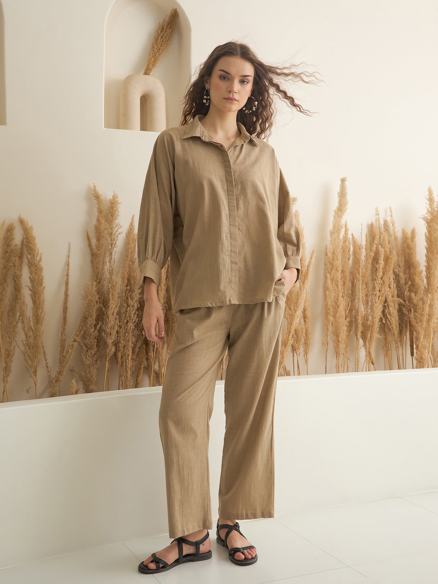 Beige Color Shirt Collar Pure Cotton Solid Co-ords Set for Women