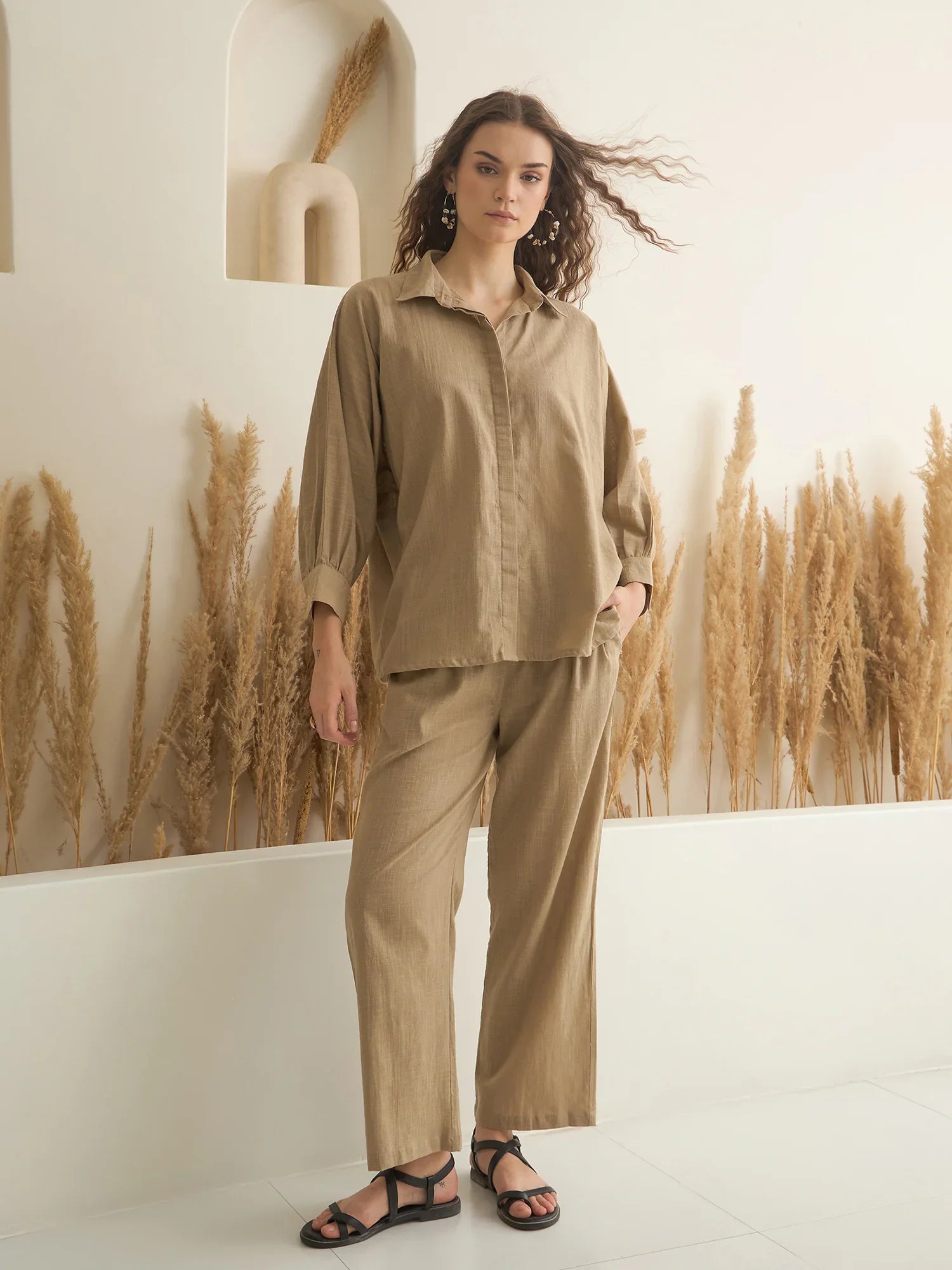 Beige Color Shirt Collar Pure Cotton Solid Co-ords Set for Women - SanskrutiHomes