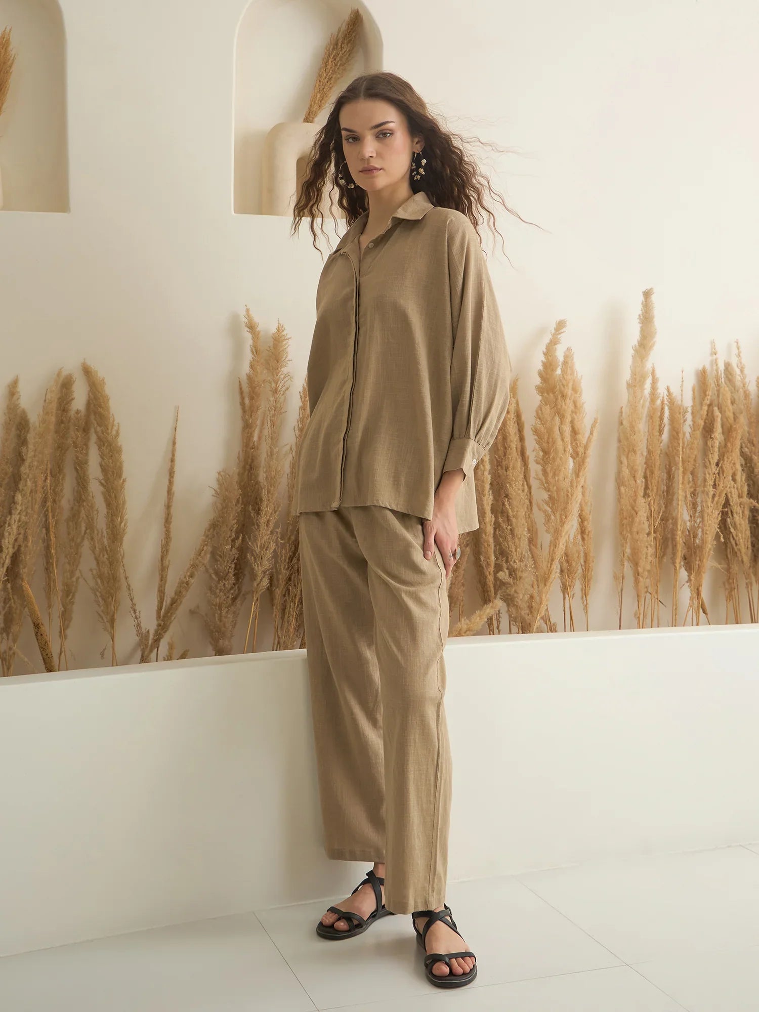 Beige Color Shirt Collar Pure Cotton Solid Co-ords Set for Women - SanskrutiHomes