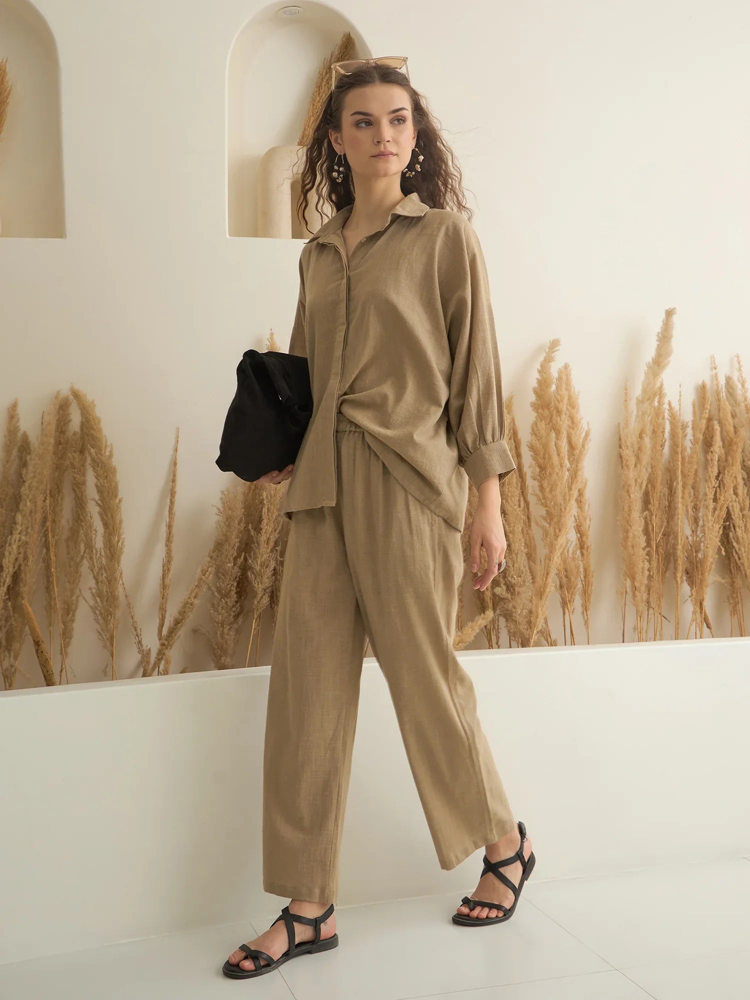 Beige Color Shirt Collar Pure Cotton Solid Co-ords Set for Women - SanskrutiHomes