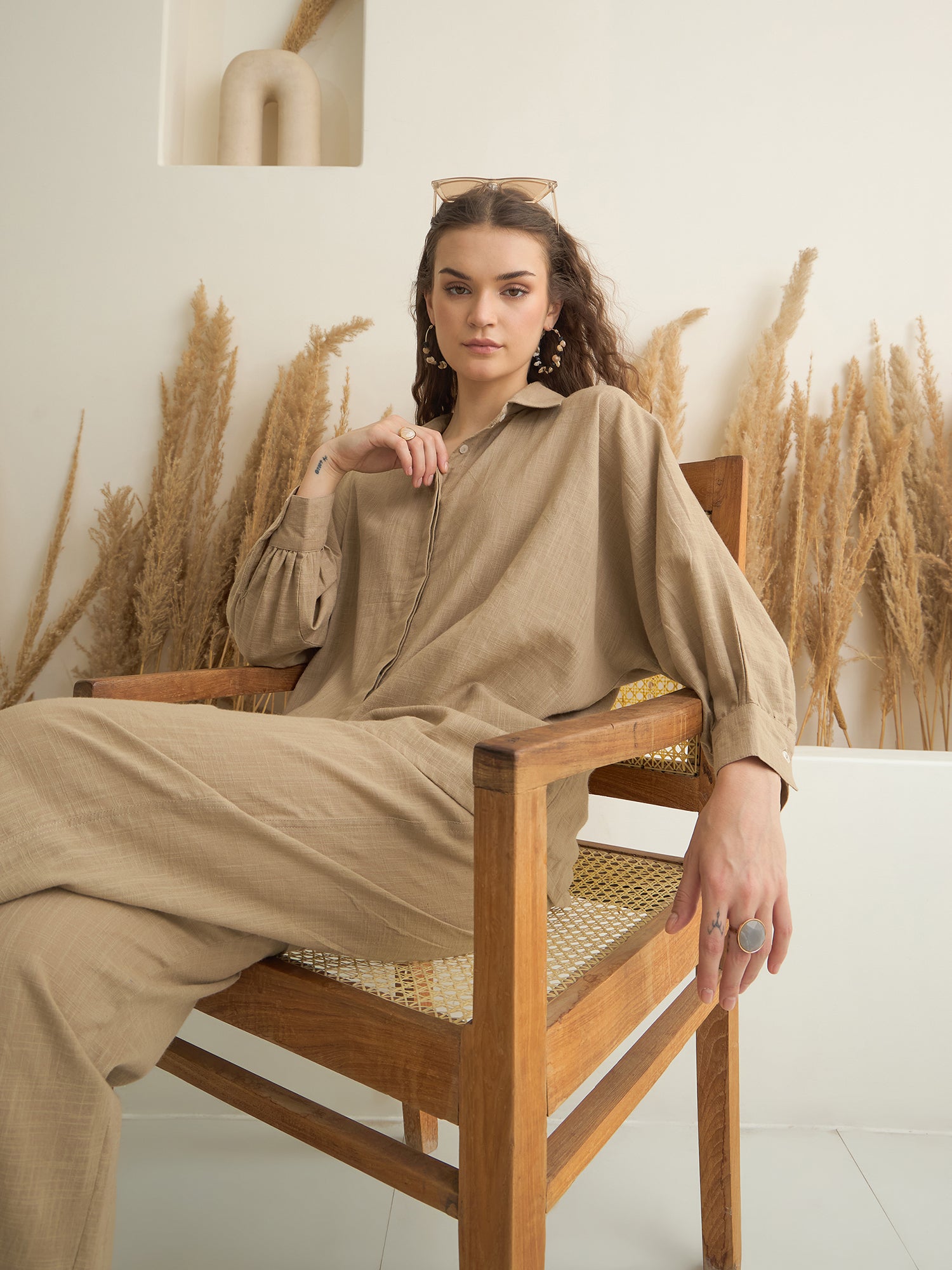 Beige Color Shirt Collar Pure Cotton Solid Co-ords Set for Women