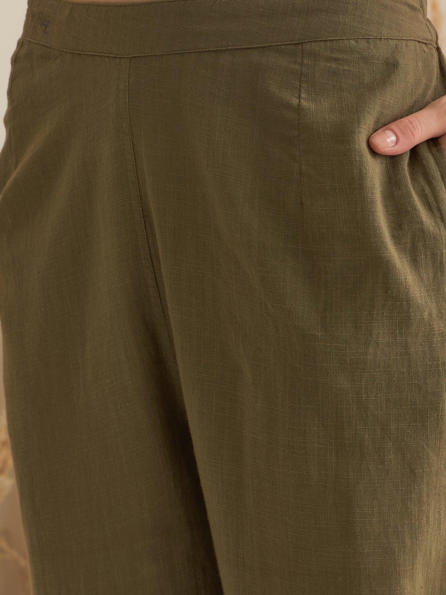 Olive Shirt Collar Pure Cotton Co-ords Set for Women - SanskrutiHomes