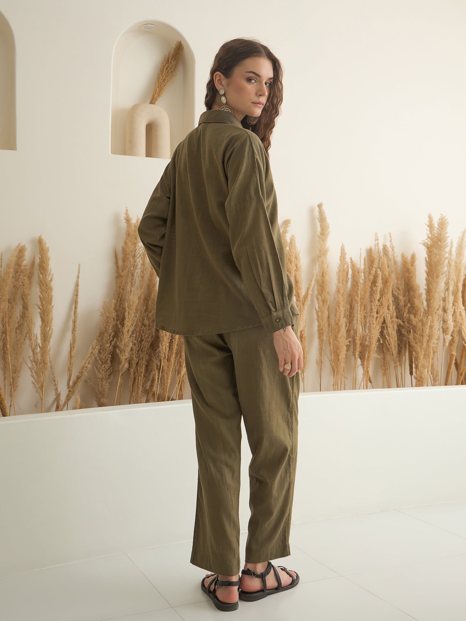 Olive Shirt Collar Pure Cotton Co-ords Set for Women