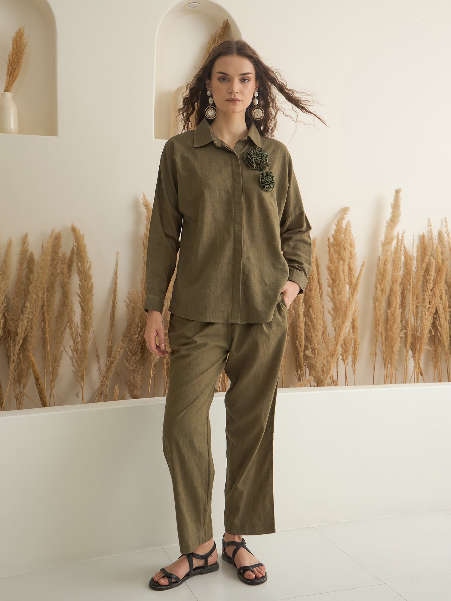 Olive Shirt Collar Pure Cotton Co-ords Set for Women