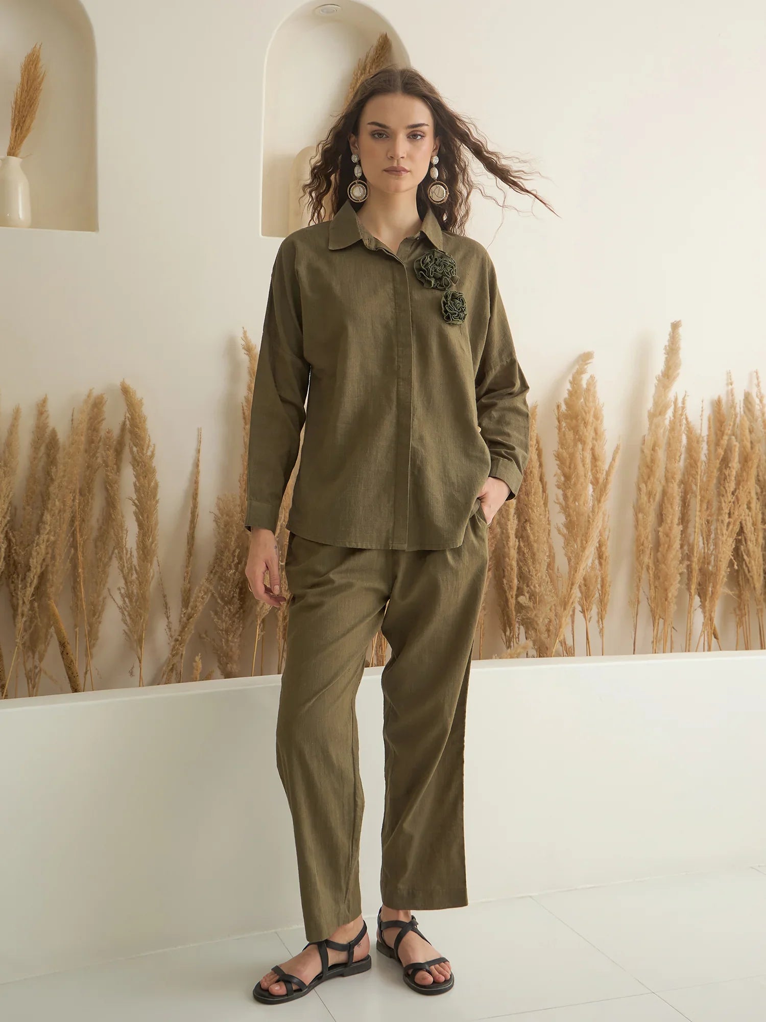 Olive Shirt Collar Pure Cotton Co-ords Set for Women - SanskrutiHomes