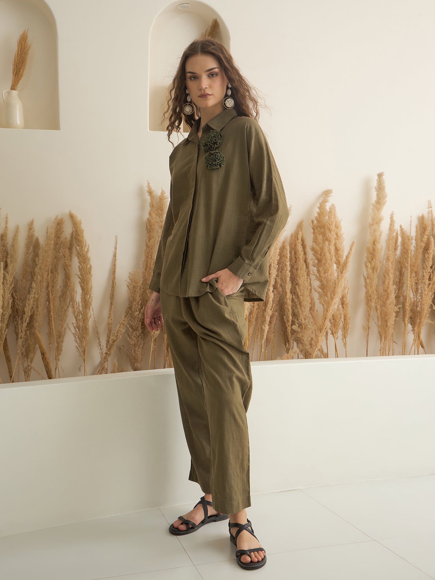 Olive Shirt Collar Pure Cotton Co-ords Set for Women