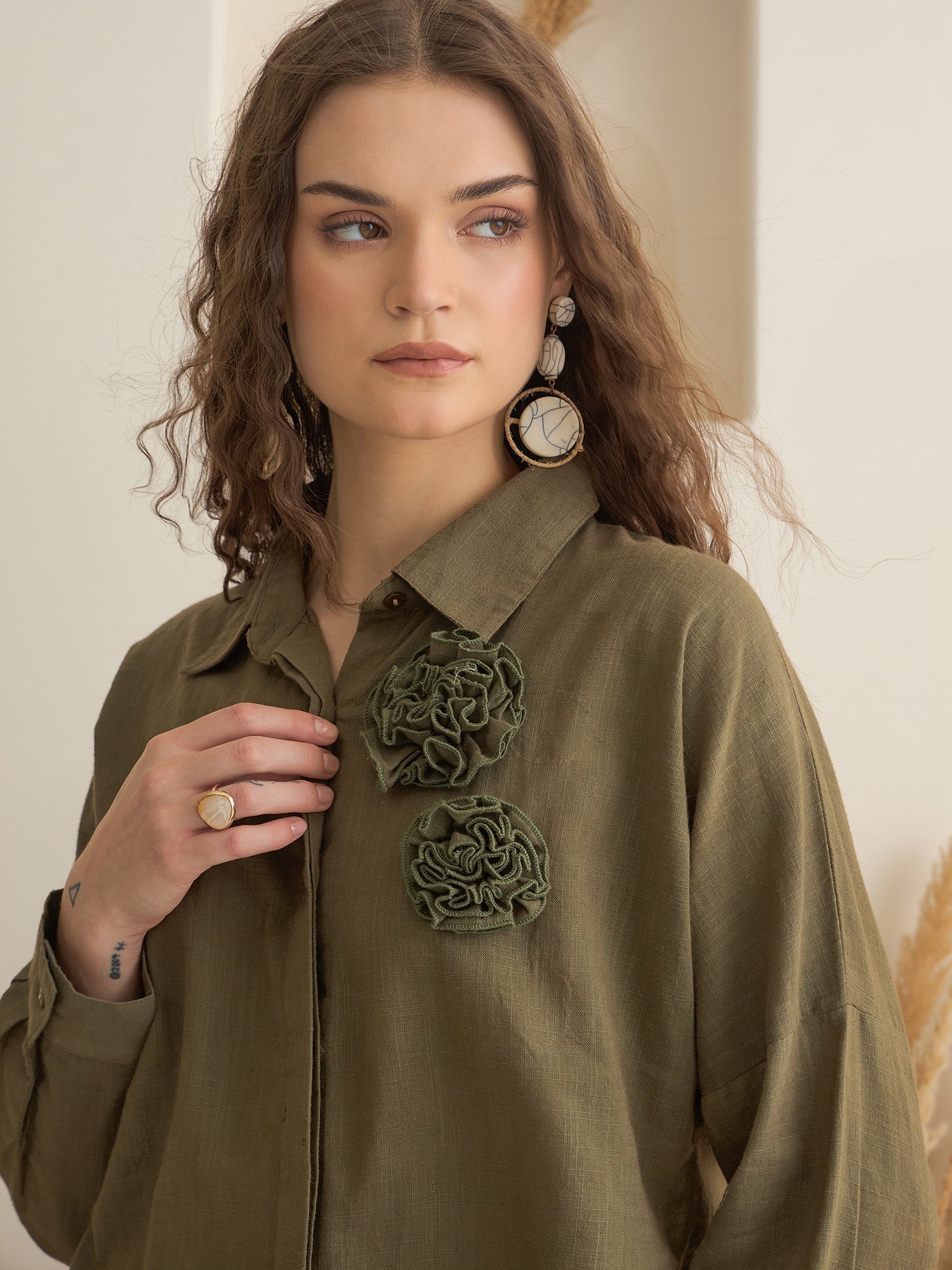 Olive Shirt Collar Pure Cotton Co-ords Set for Women
