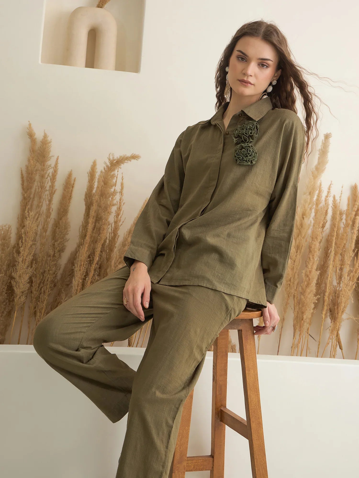 Olive Shirt Collar Pure Cotton Co-ords Set for Women - SanskrutiHomes