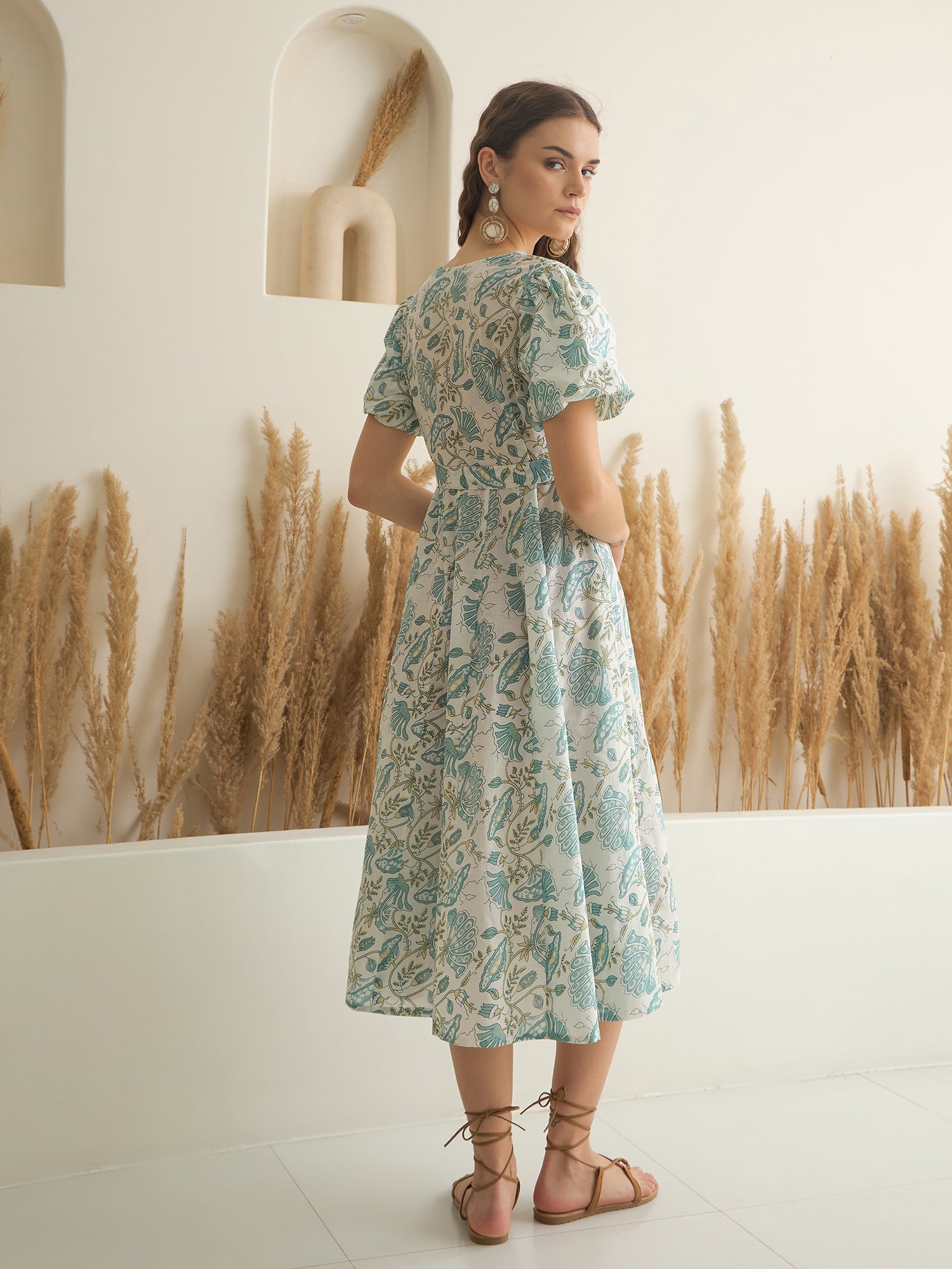 Blue Color Cotton A-Line Printed Dress for Women - SanskrutiHomes