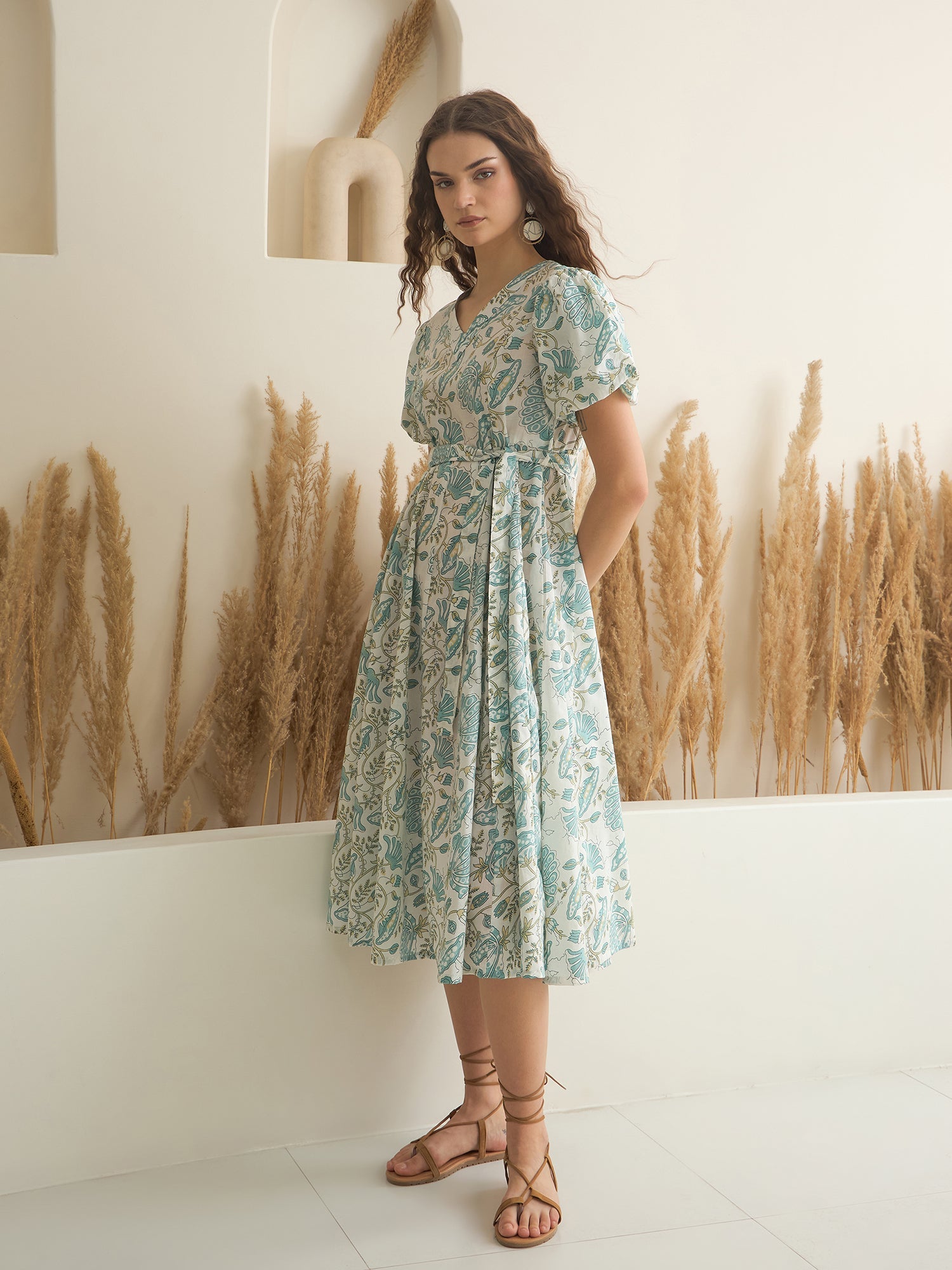 Blue Color Cotton A-Line Printed Dress for Women - SanskrutiHomes