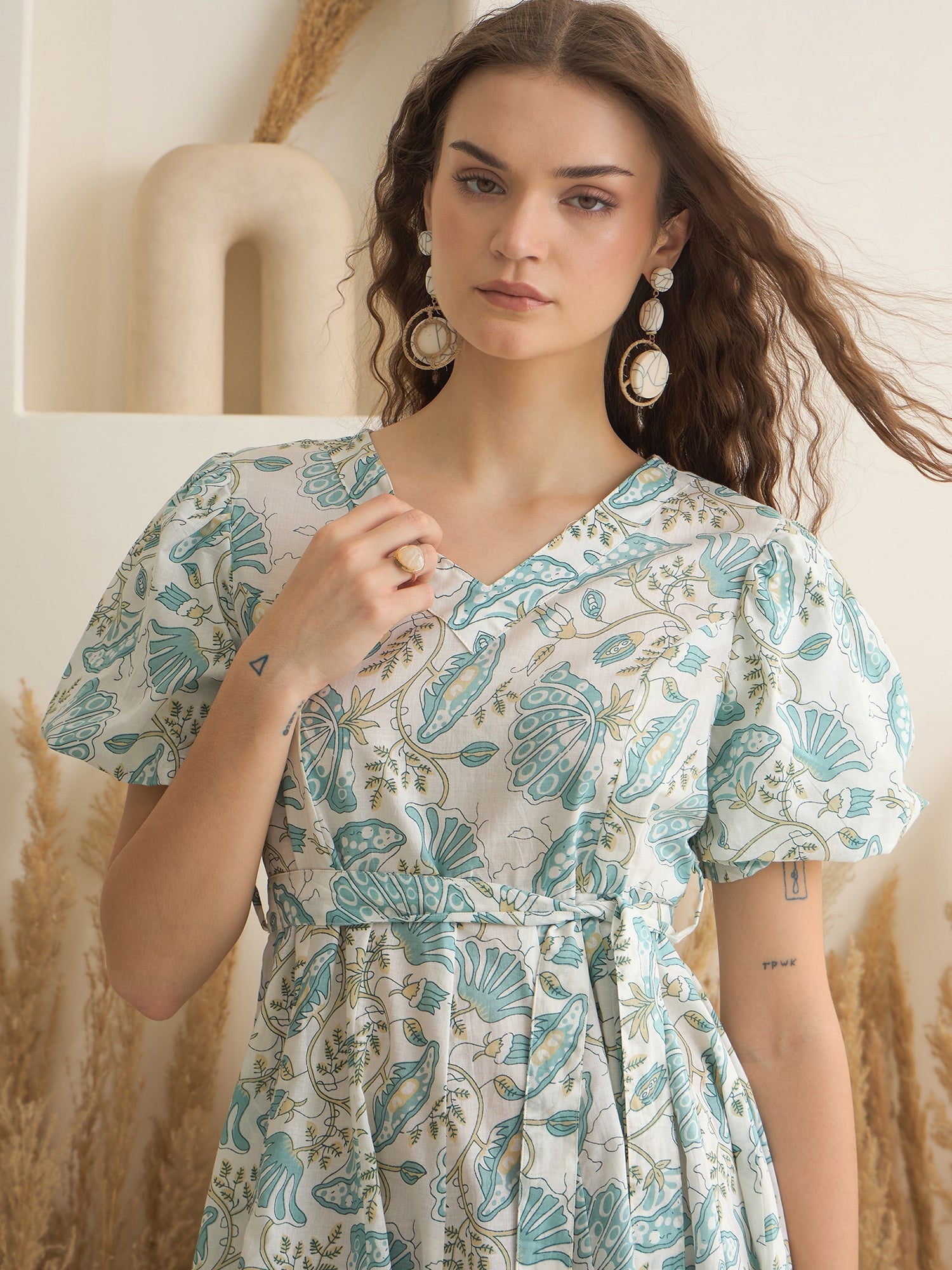 Blue Color Cotton A-Line Printed Dress for Women - SanskrutiHomes
