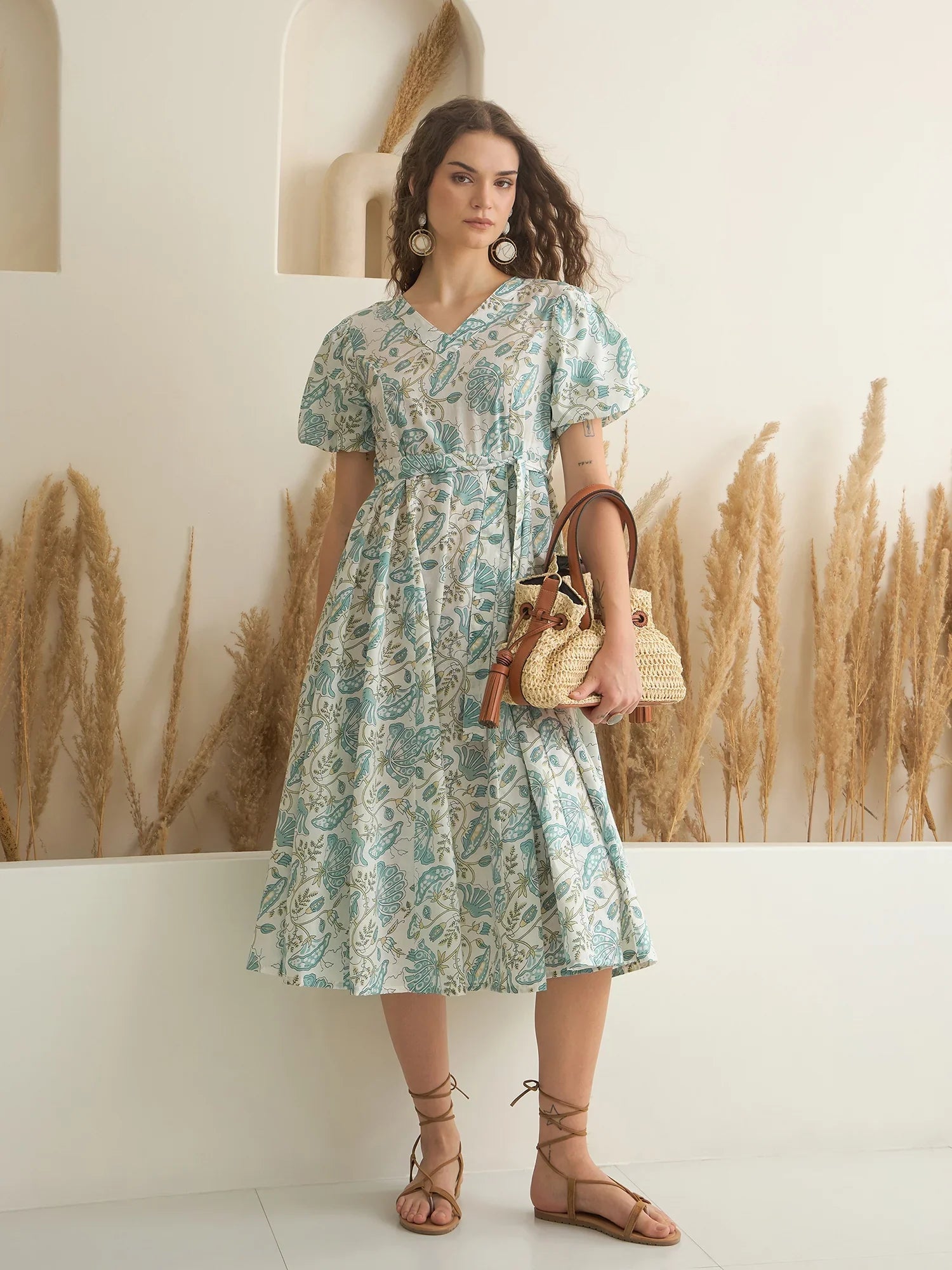 Blue Color Cotton A-Line Printed Dress for Women - SanskrutiHomes