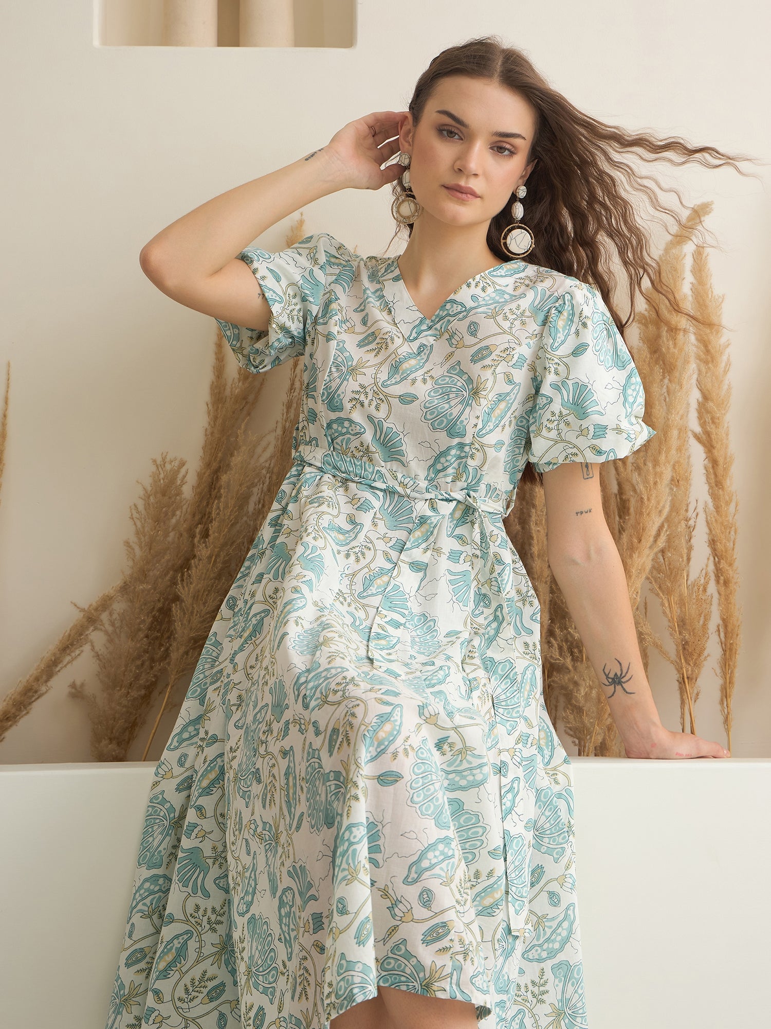 Blue Color Cotton A-Line Printed Dress for Women
