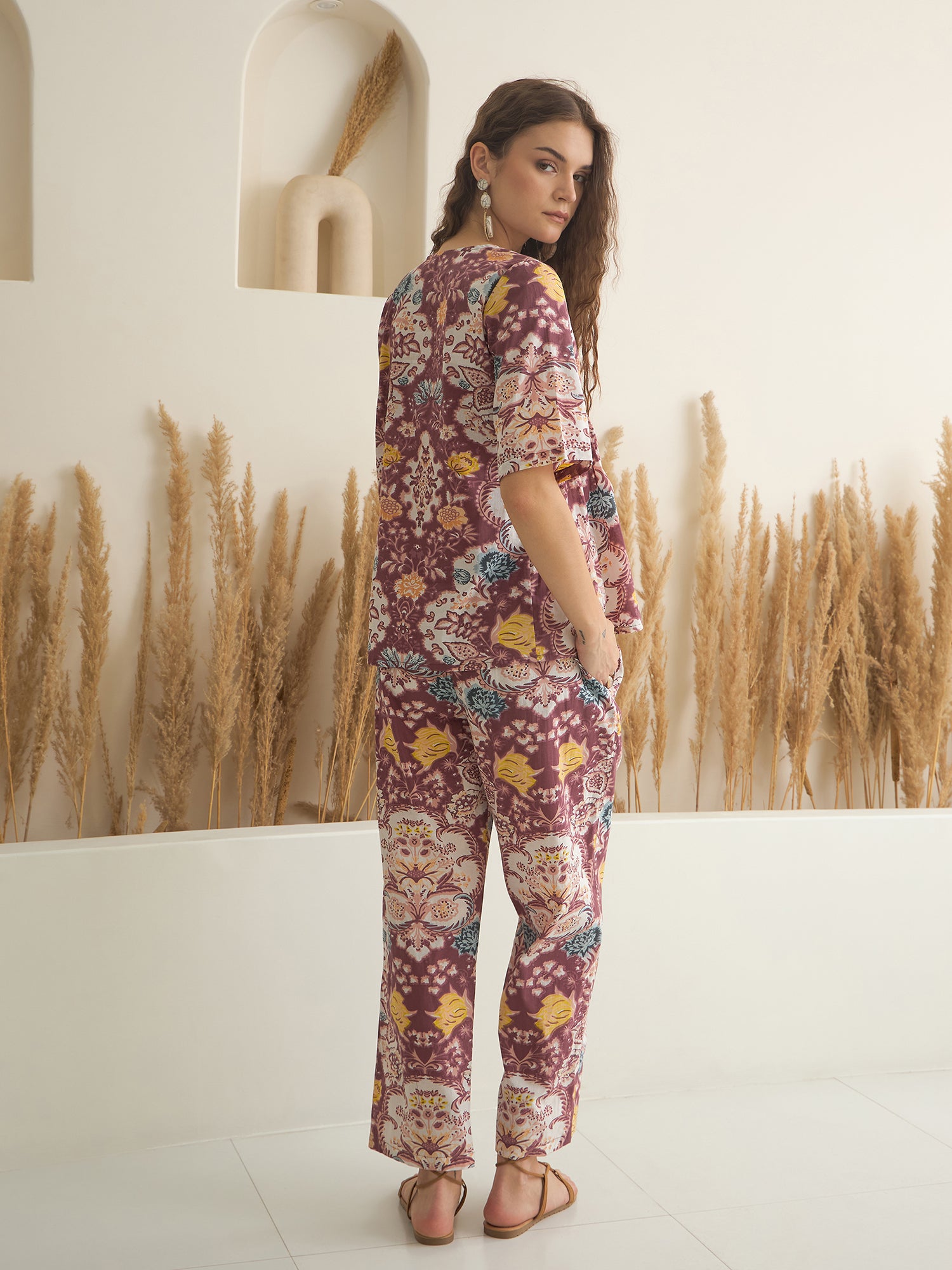 Rust Color V-Neck Pure Cotton Printed Co-ords Set for Women