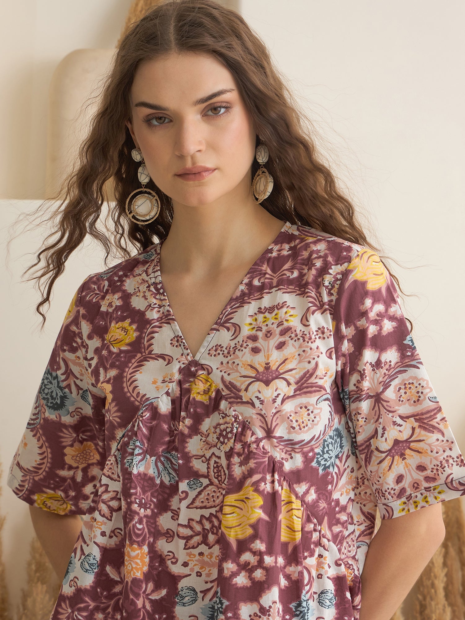 Rust Color V-Neck Pure Cotton Printed Co-ords Set for Women