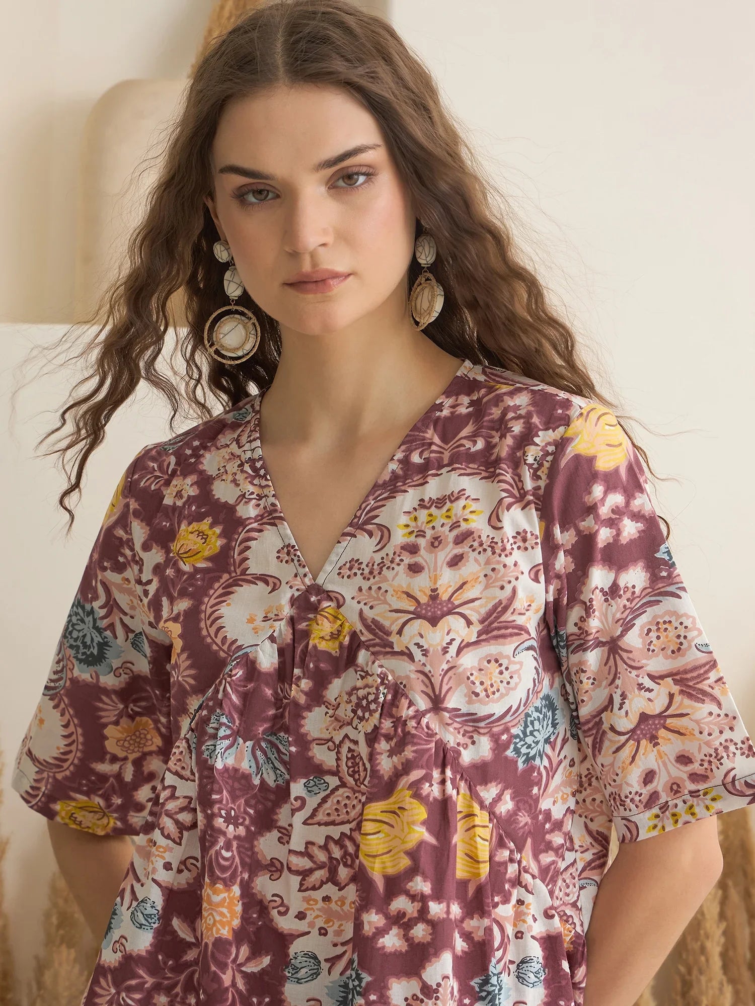 Rust Color V-Neck Pure Cotton Printed Co-ords Set for Women - SanskrutiHomes