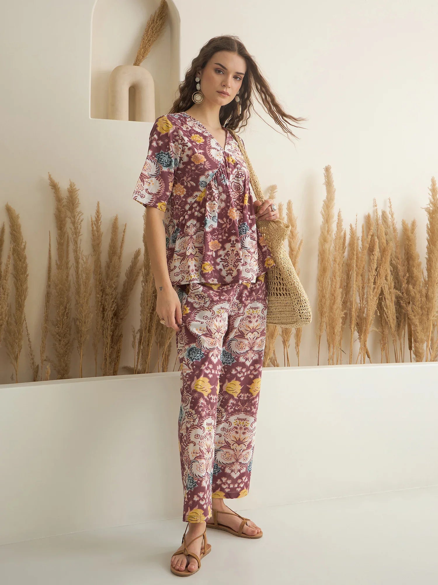 Rust Color V-Neck Pure Cotton Printed Co-ords Set for Women - SanskrutiHomes