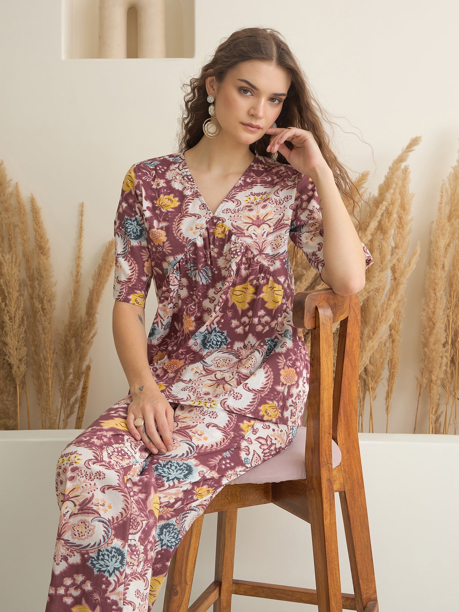 Rust Color V-Neck Pure Cotton Printed Co-ords Set for Women