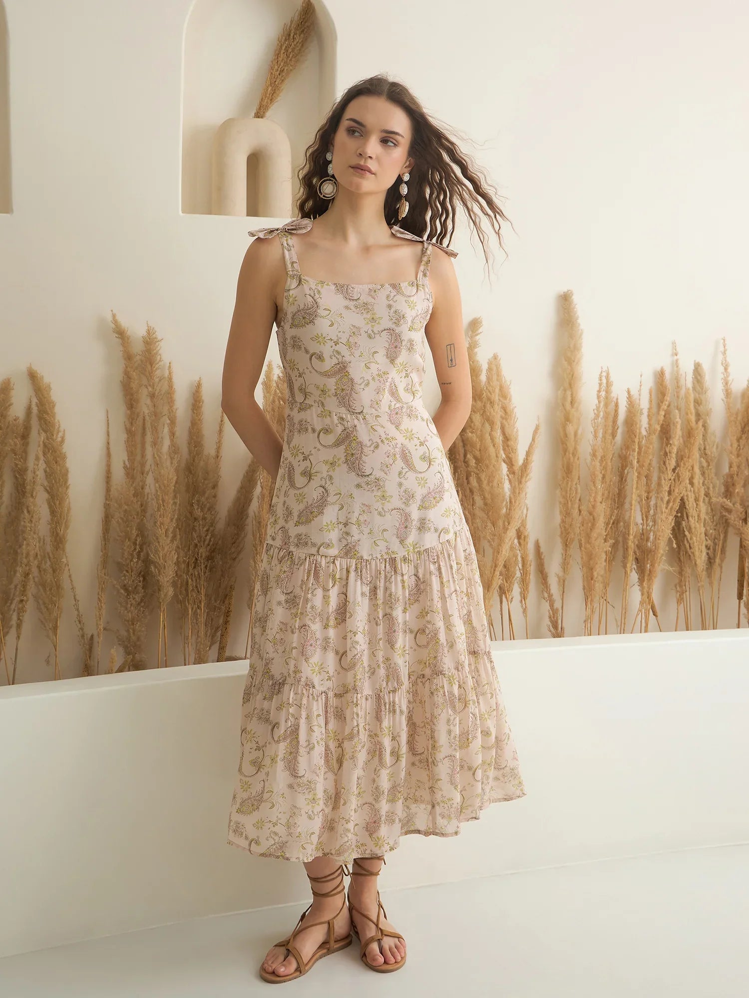 Peach Color Cotton A-Line Printed Dress for Women - SanskrutiHomes