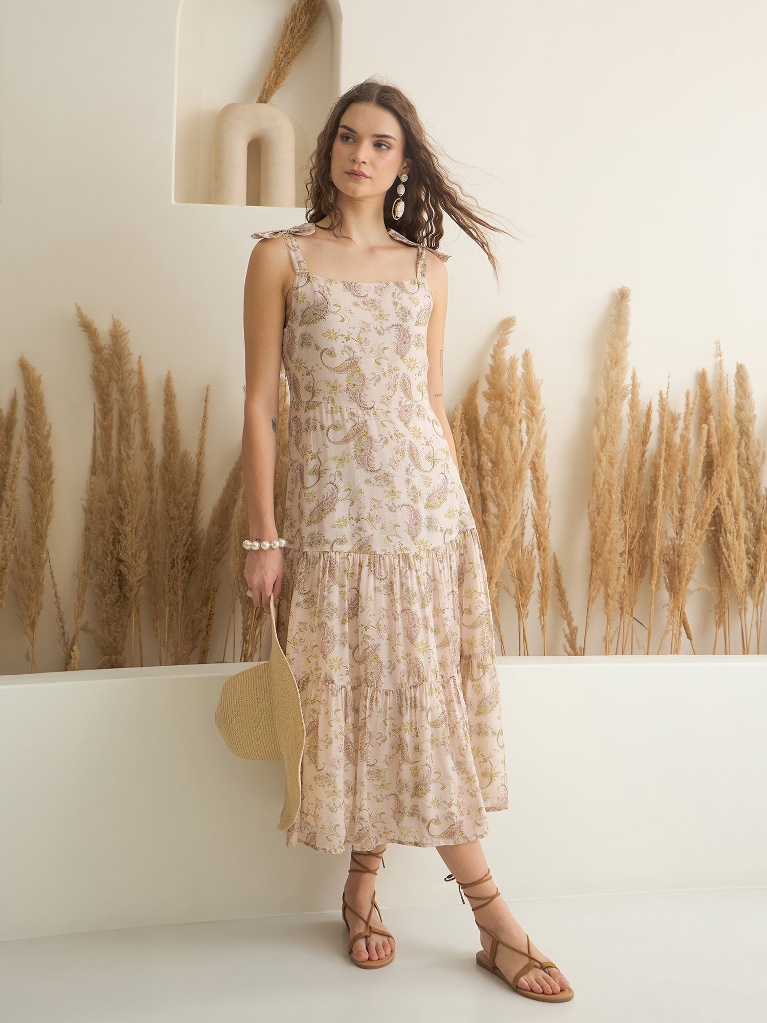Peach Color Cotton A-Line Printed Dress for Women
