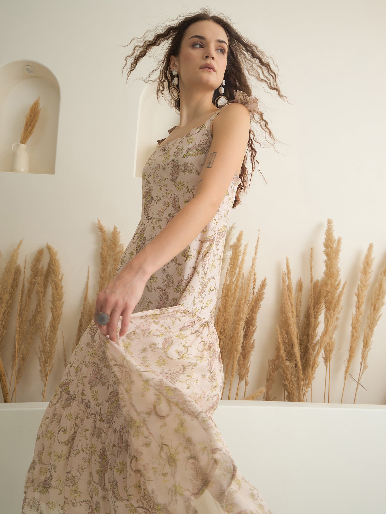 Peach Color Cotton A-Line Printed Dress for Women