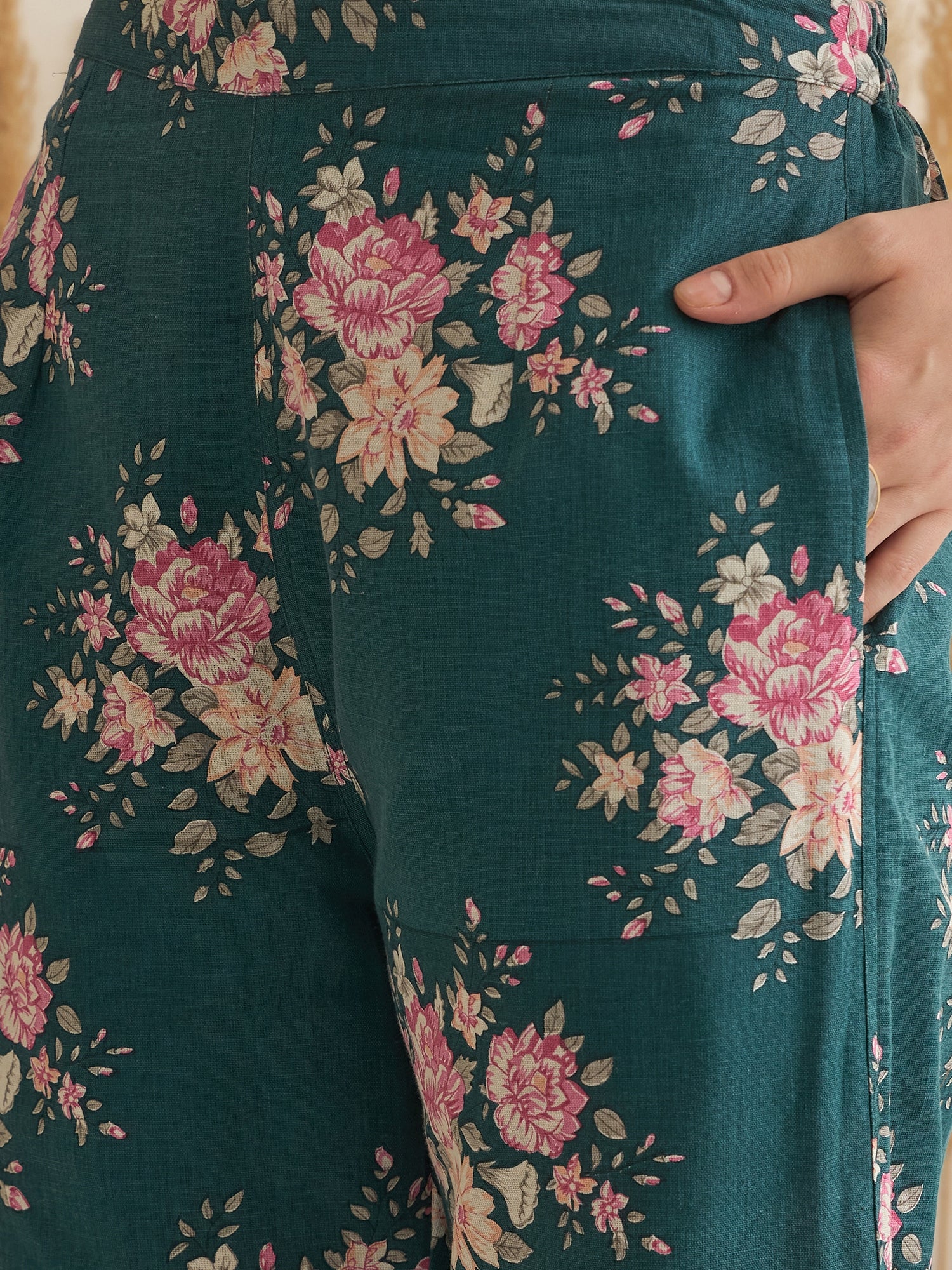 Sea Green Shirt Collar Pure Cotton Top Printed Co-ords Set for Women