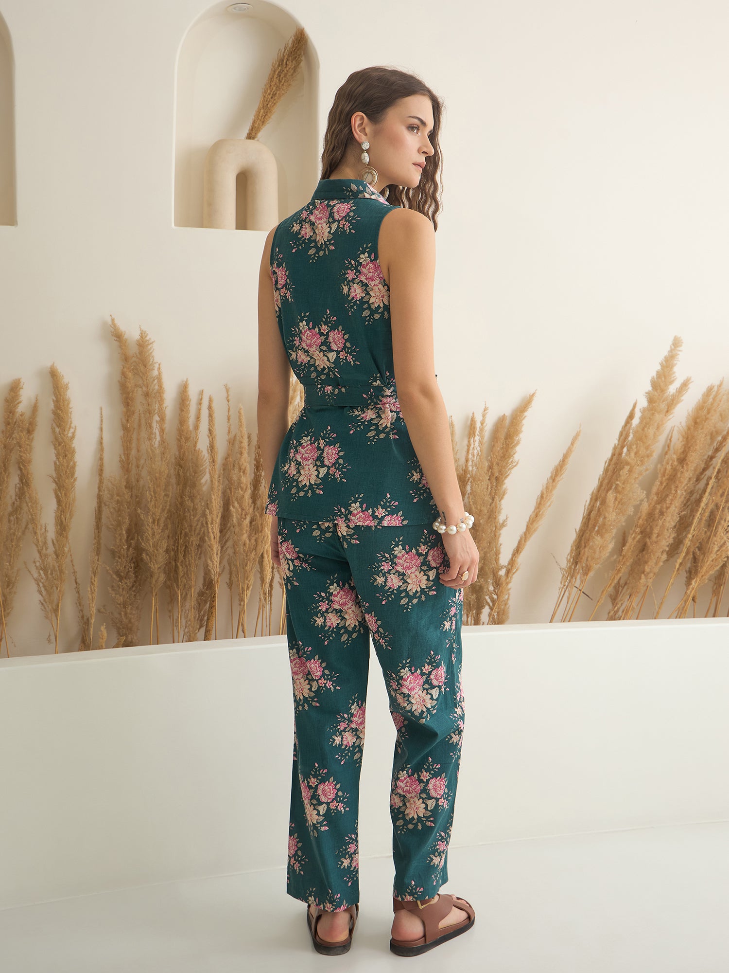 Sea Green Shirt Collar Pure Cotton Top Printed Co-ords Set for Women