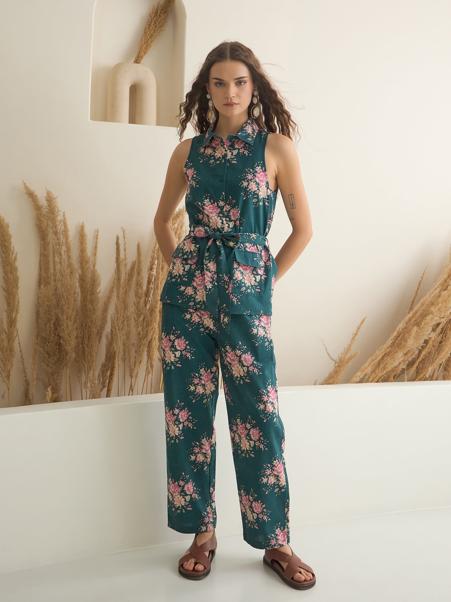 Sea Green Shirt Collar Pure Cotton Top Printed Co-ords Set for Women